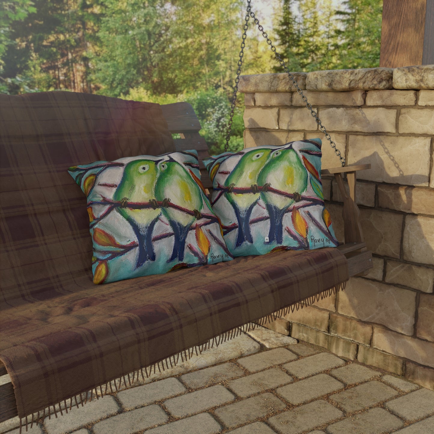 Cuddling Warblers Outdoor Pillows