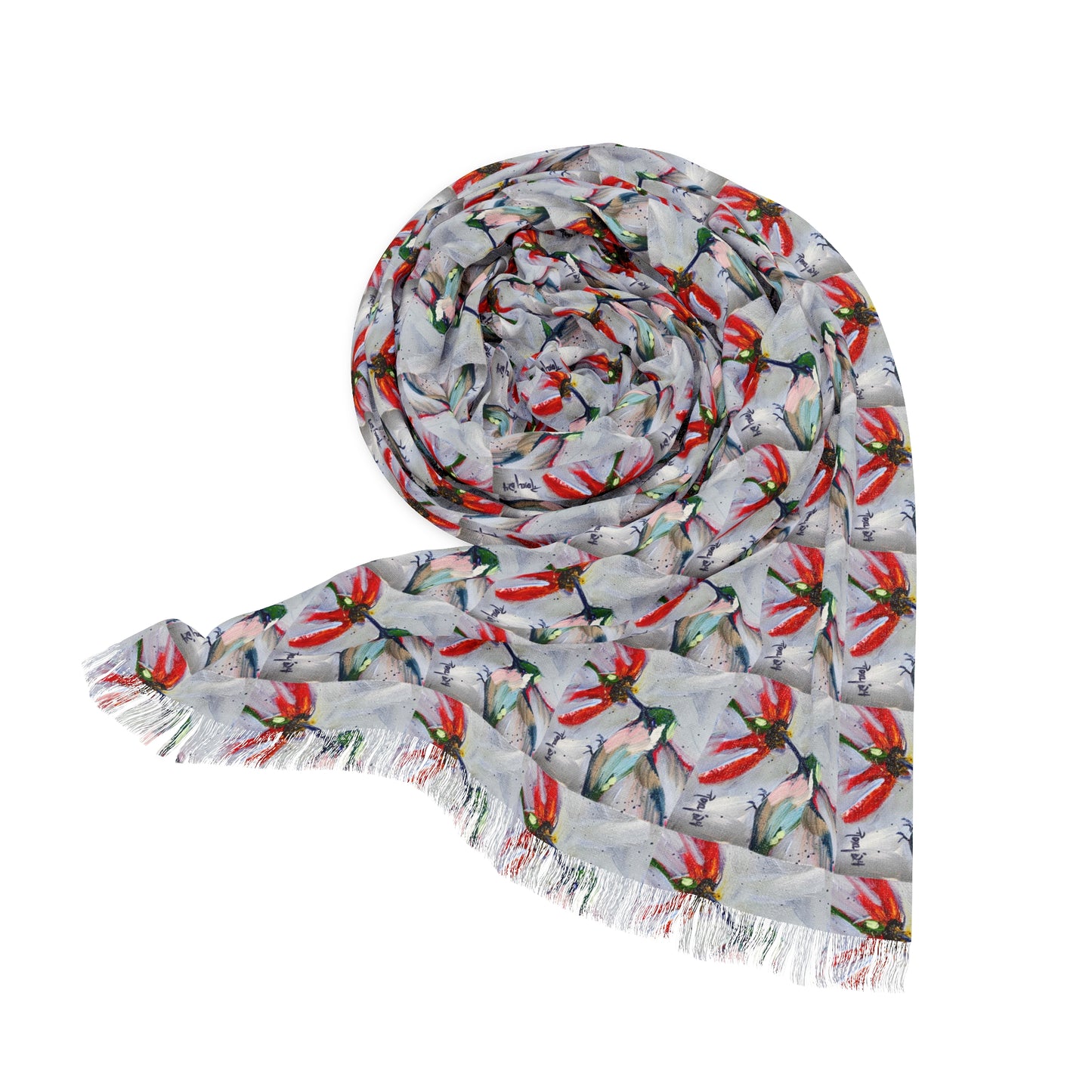 Colorful Scarf — Artistic Lightweight Neck Wrap- Hummingbird at a Coneflower