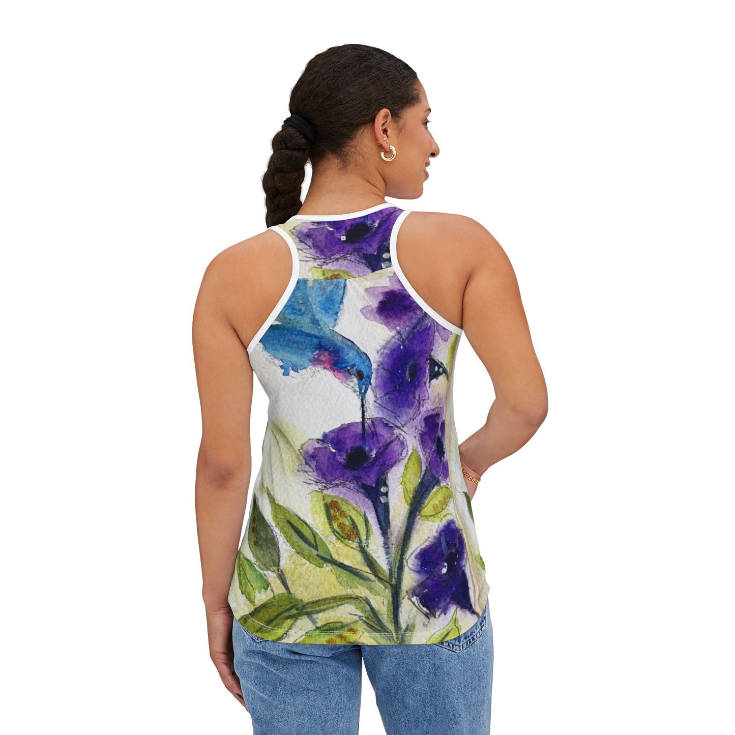 Women's Racerback Tank Top-Hummingbird in Purple Tube Flowers
