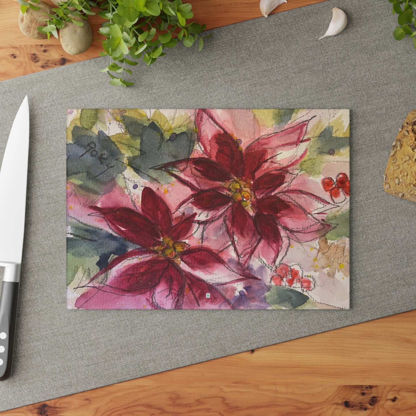Red Poinsettias Glass Cutting Board