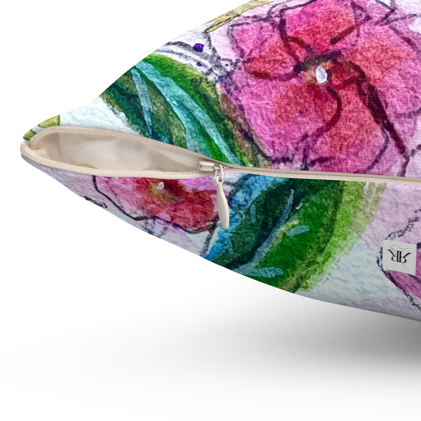 Annas Hummingbird with Pink Blossoms Throw Pillow — Bright Colorful Accent Pillow