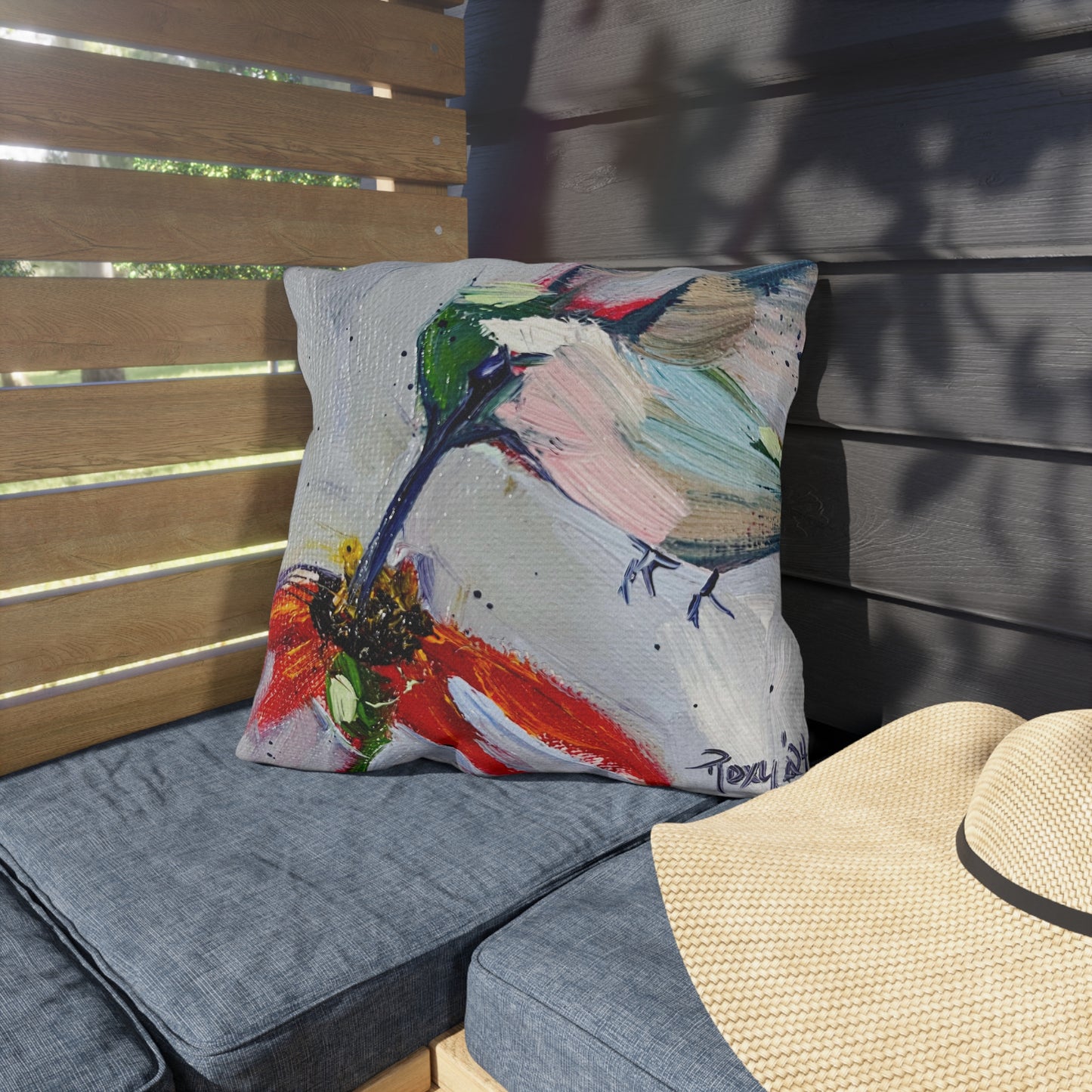 Hummingbird at a Coneflower Outdoor Pillows