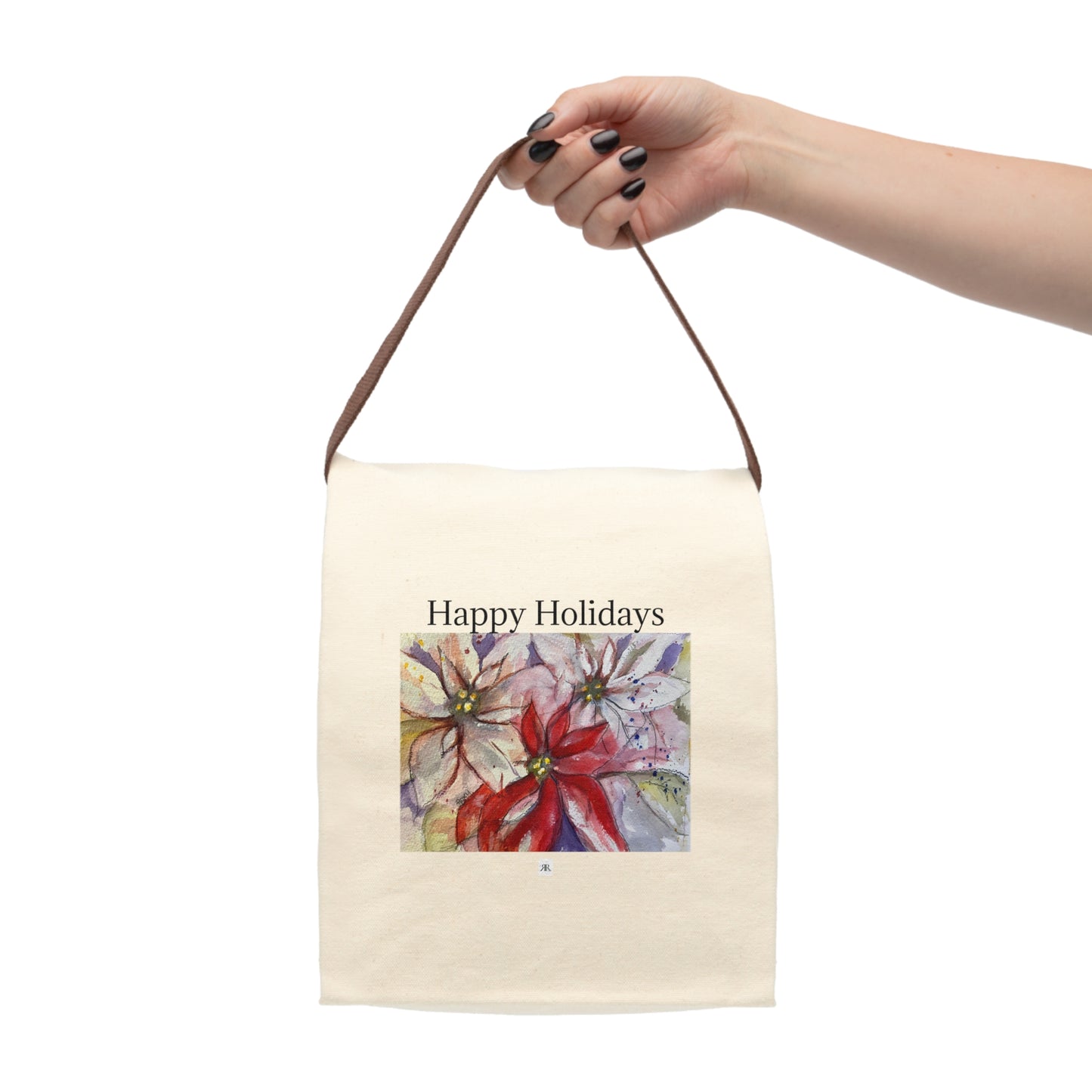 Happy Holidays Poinsettia Canvas Lunch Bag With Strap