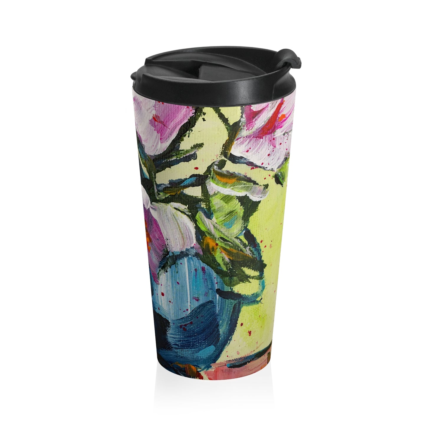 Pink Gardenias in a Blue Vase #2 "Good Morning!" Stainless Steel Travel Mug