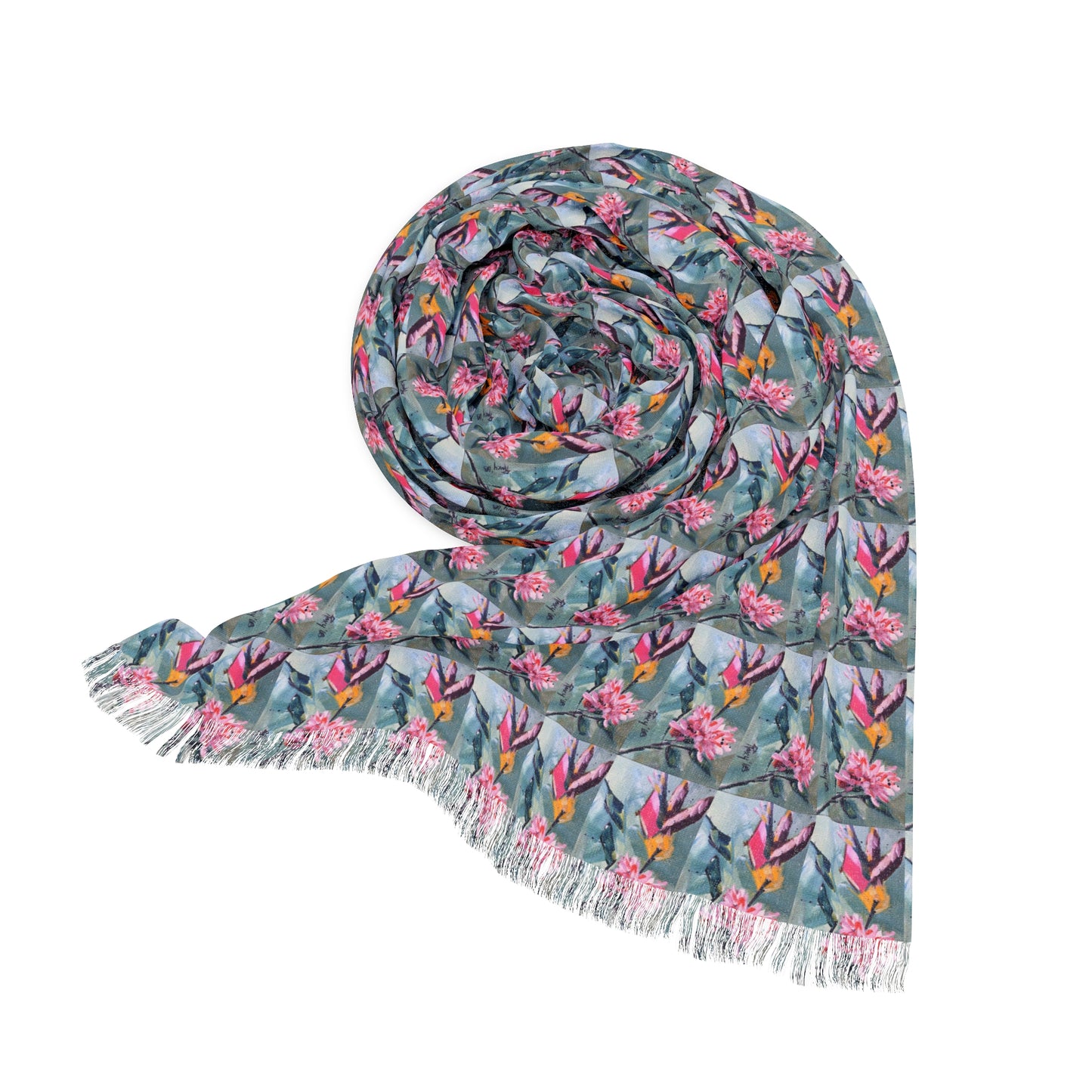 Colorful Scarf — Artistic Lightweight Neck Wrap- Pink Hummingbird Pink Flower
