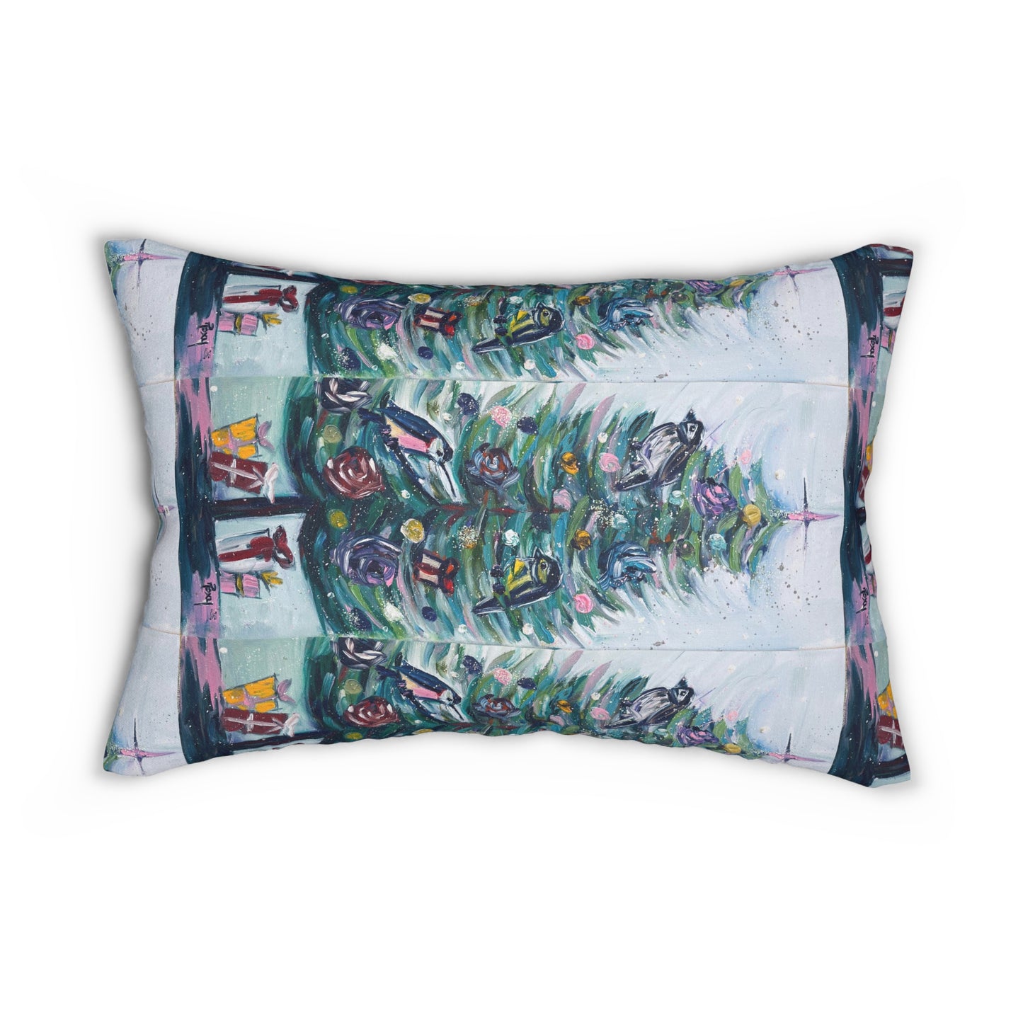 Festive Feathers-Whimsical Birds in a Christmas Tree Lumbar Pillow