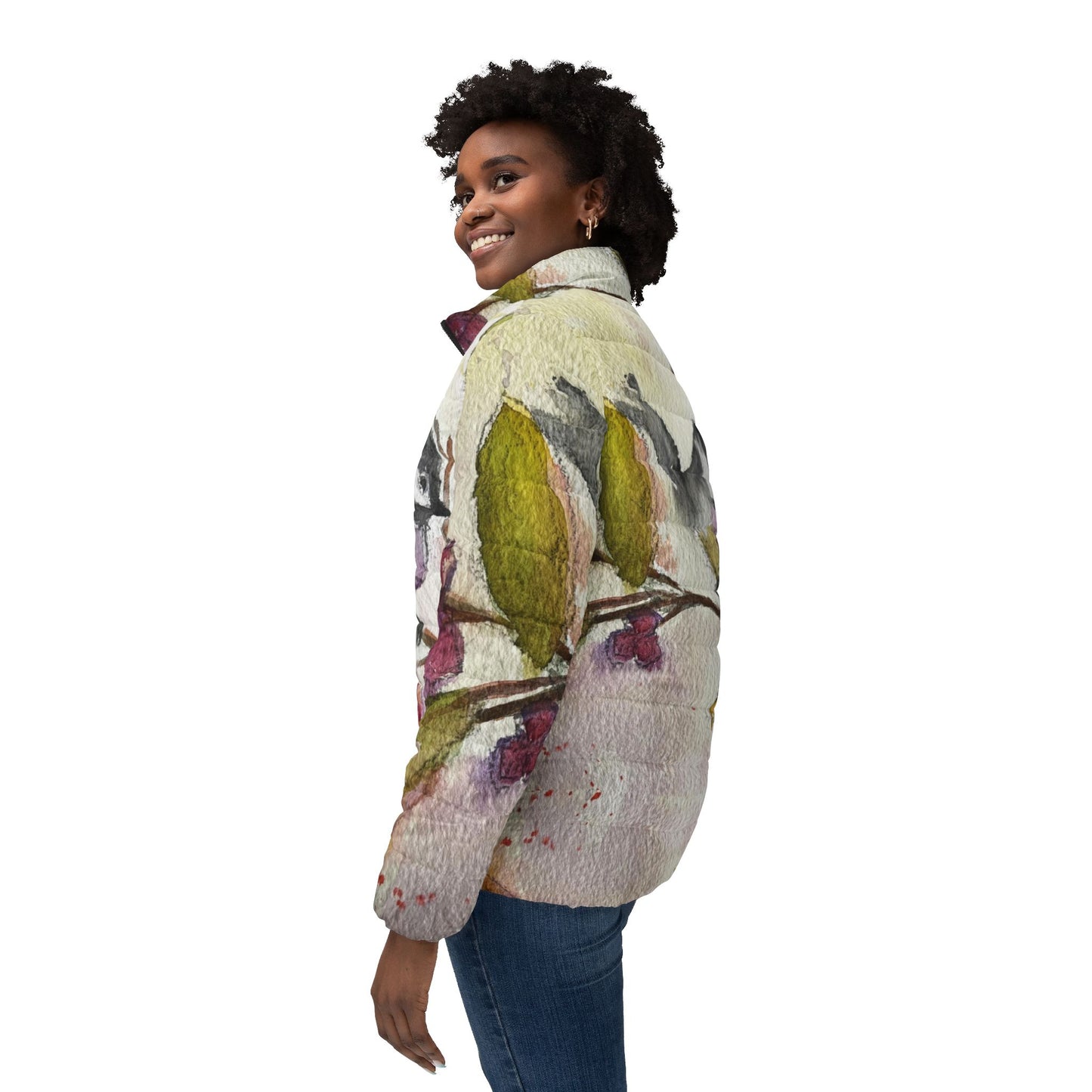 Women's Puffer Jacket - Roxy Rich Fine Art Design-Chickadee in a Berry Tree