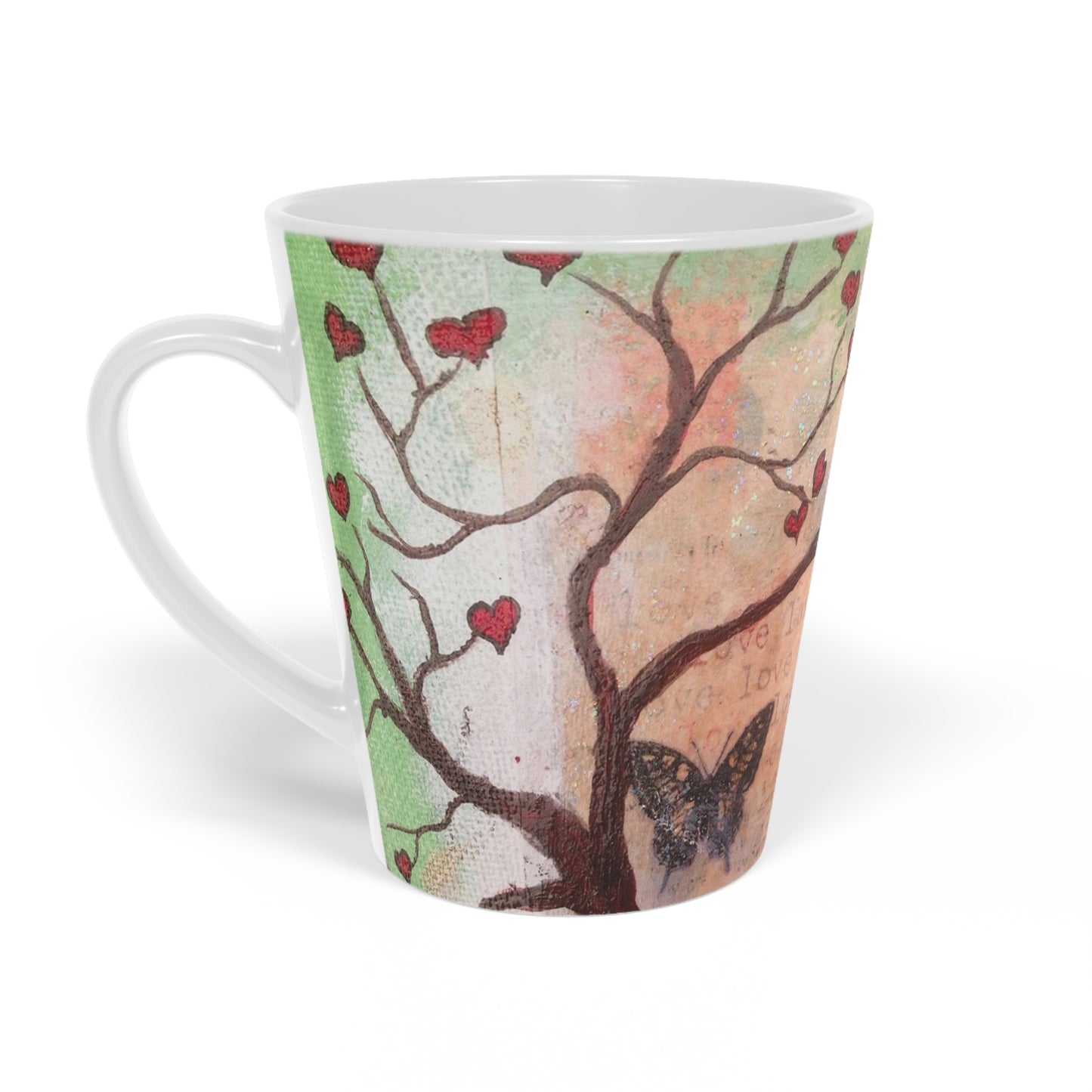 Taza de café con leche con forma de árbol y corazón de hada y mariposa, 12 oz