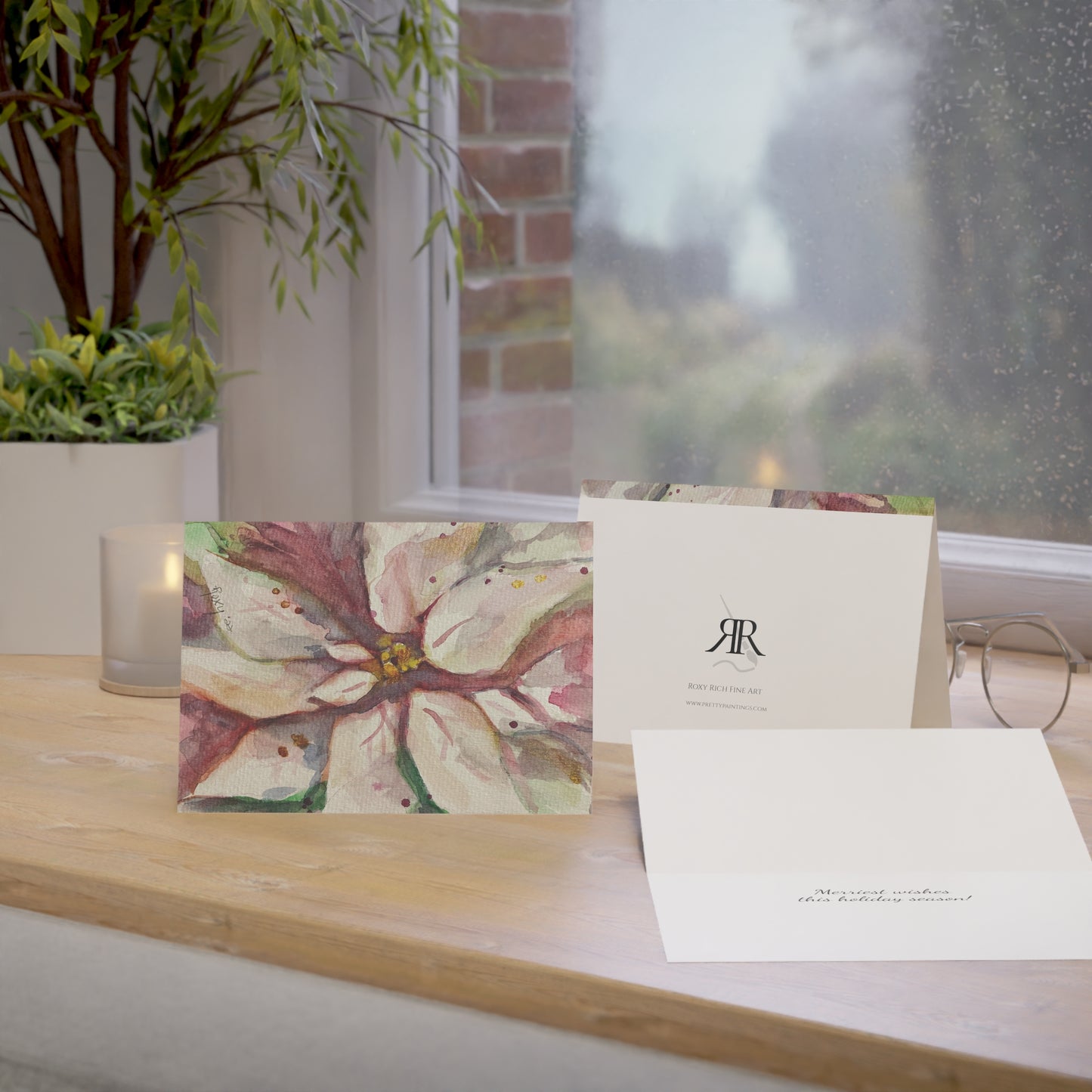 Cartes de vœux élégantes en poinsettia blanc avec « Joyeux vœux . »