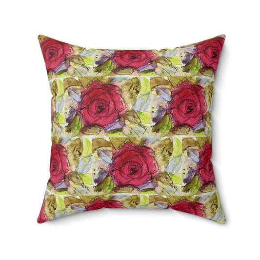 Red Rose Pattern Indoor Spun Polyester Square Pillow