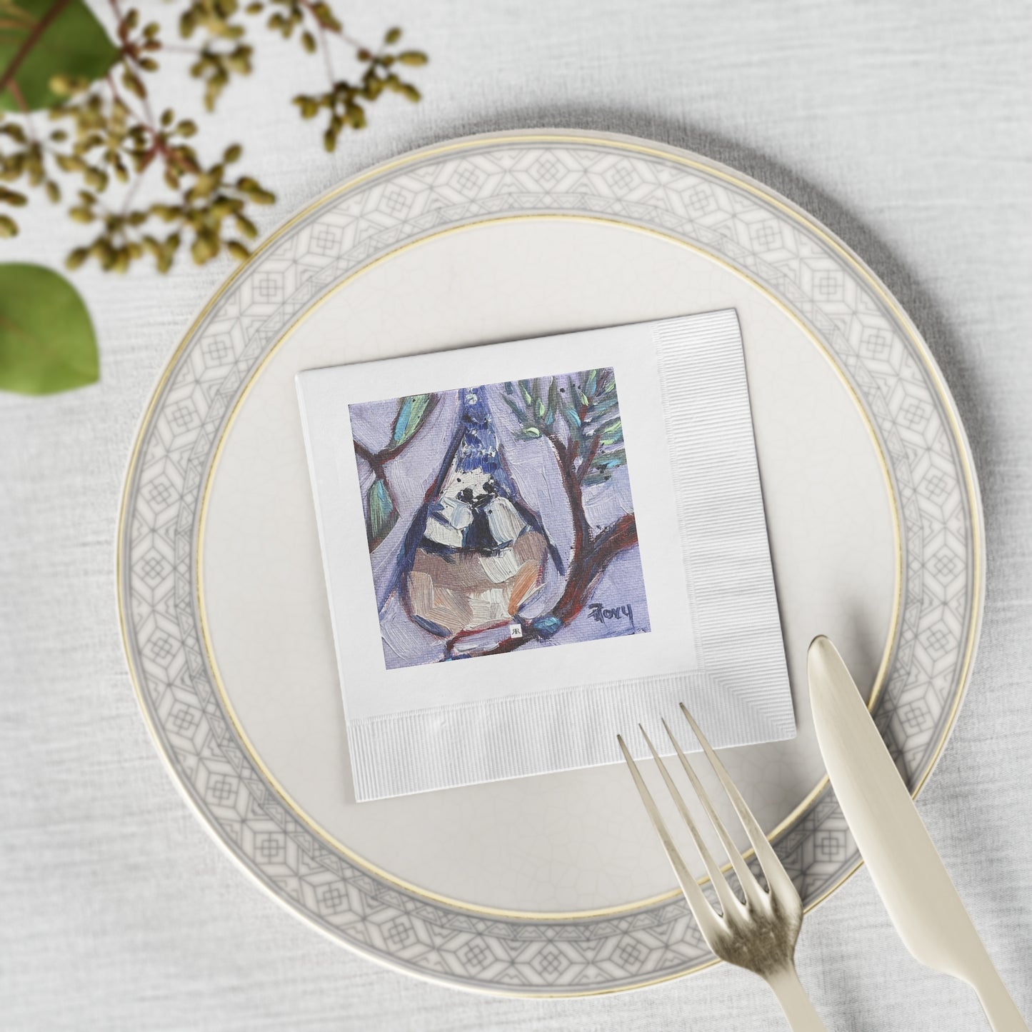 Fat Little Crested Tit Bird-White Coined Napkins