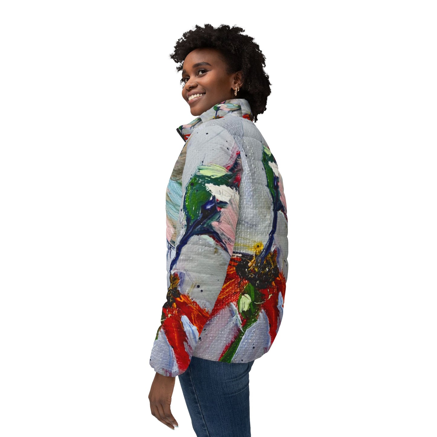 Women's Puffer Jacket - Roxy Rich Fine Art Design-Hummingbird at a Coneflower