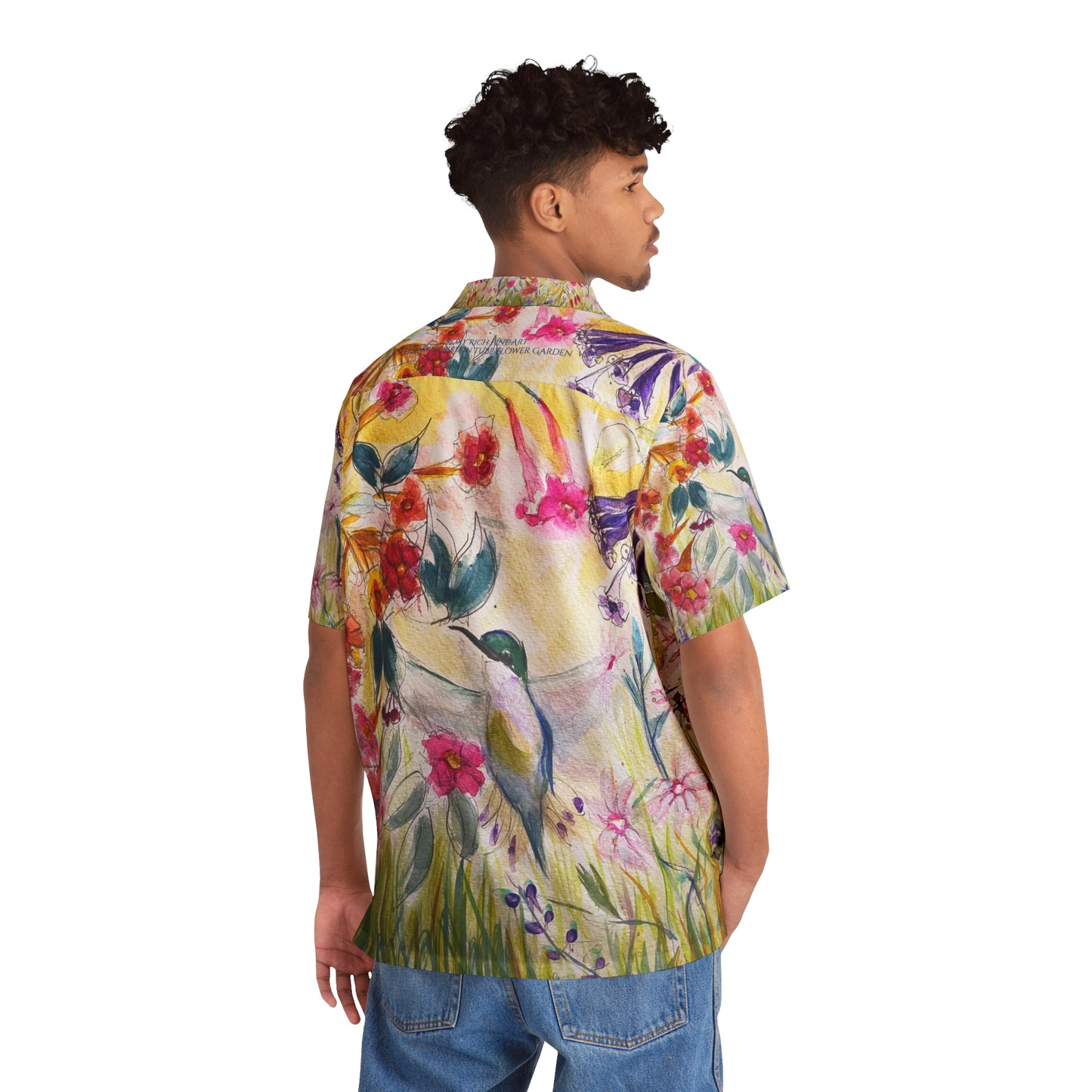 Colibrí en tubo flor jardín camisa hawaiana para hombre