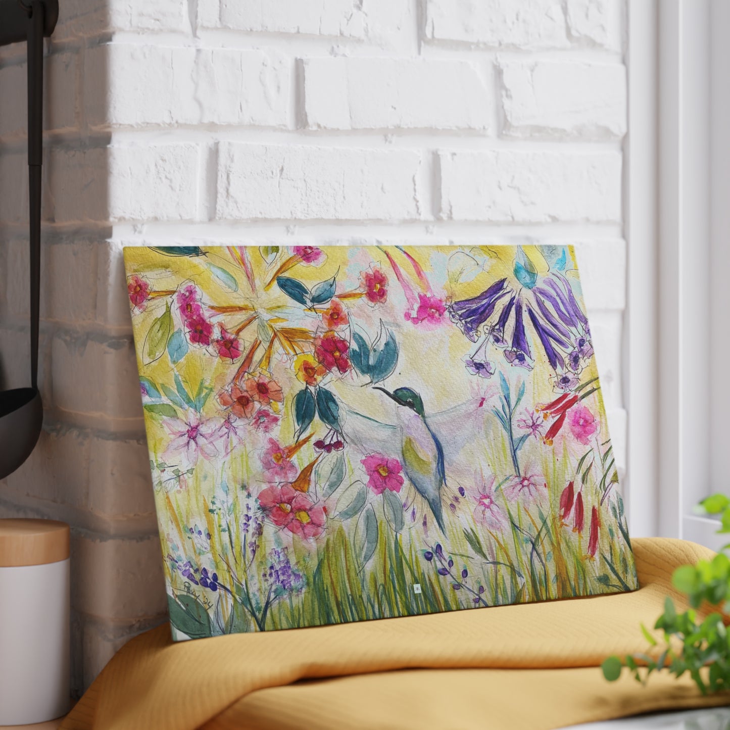 Tabla De Cortar De Vidrio Colibrí en tubo de jardín de flores