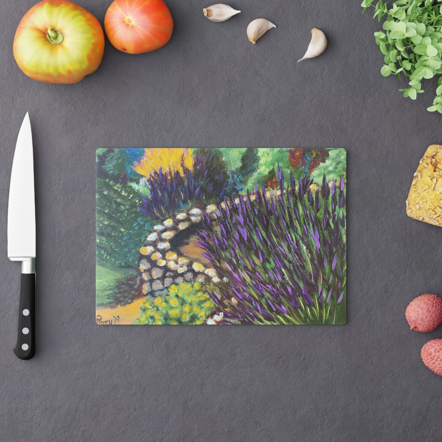 Lavender Garden Glass Cutting Board