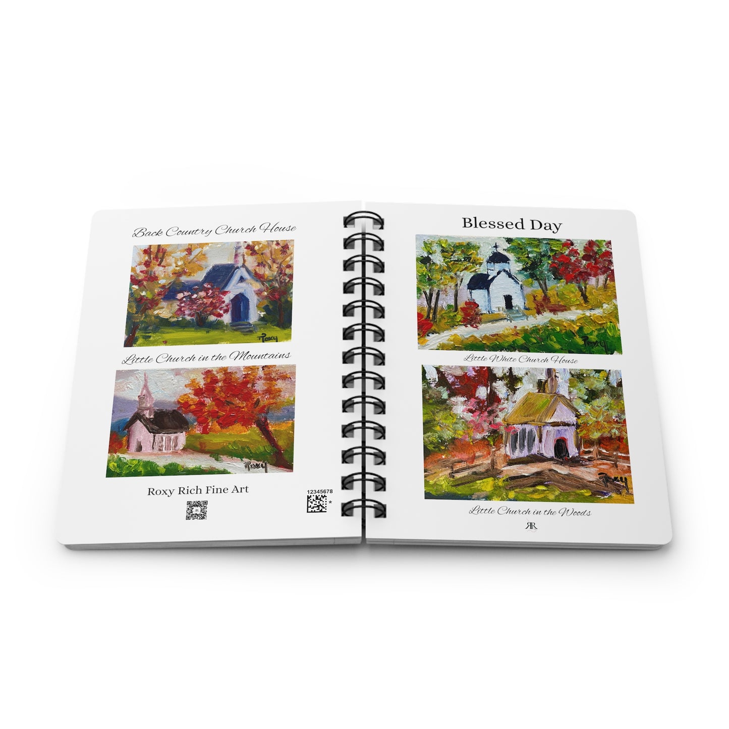 Rural Church Houses-"Blessed Day"-Eight colorful Church House Paintings- Spiral Bound Journal