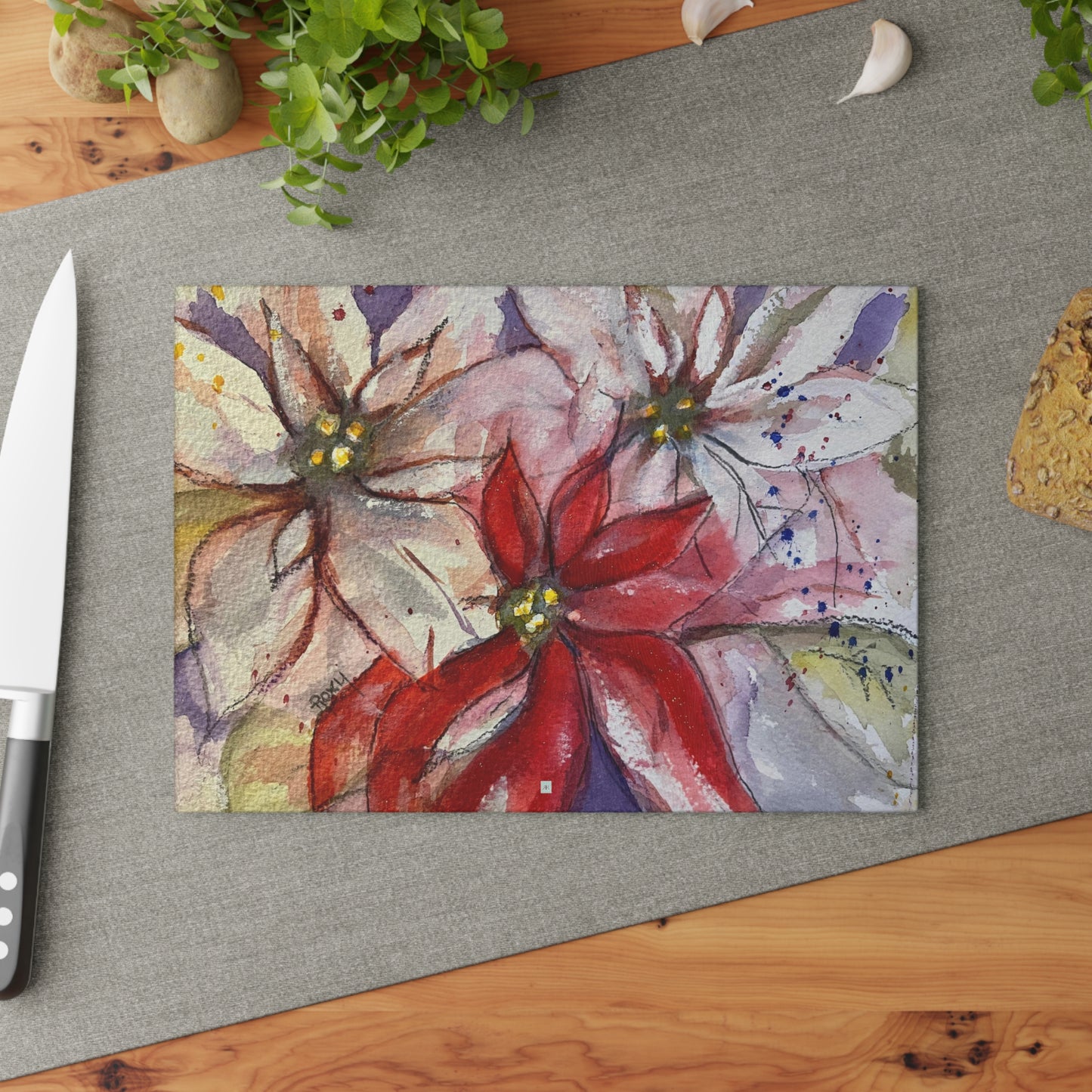 Poinsettias Glass Cutting Board
