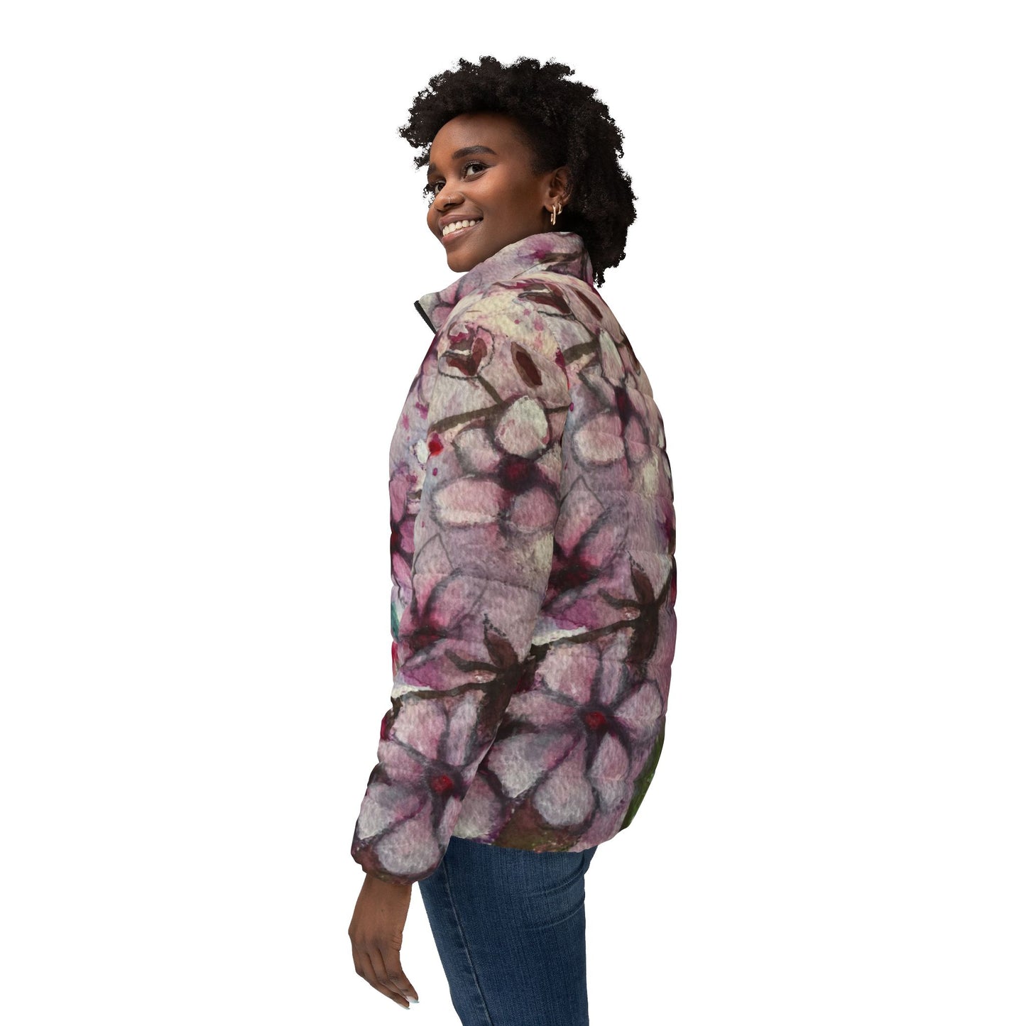 Women's Puffer Jacket - Roxy Rich Fine Art Design-Hummingbird in Cherry Blossoms