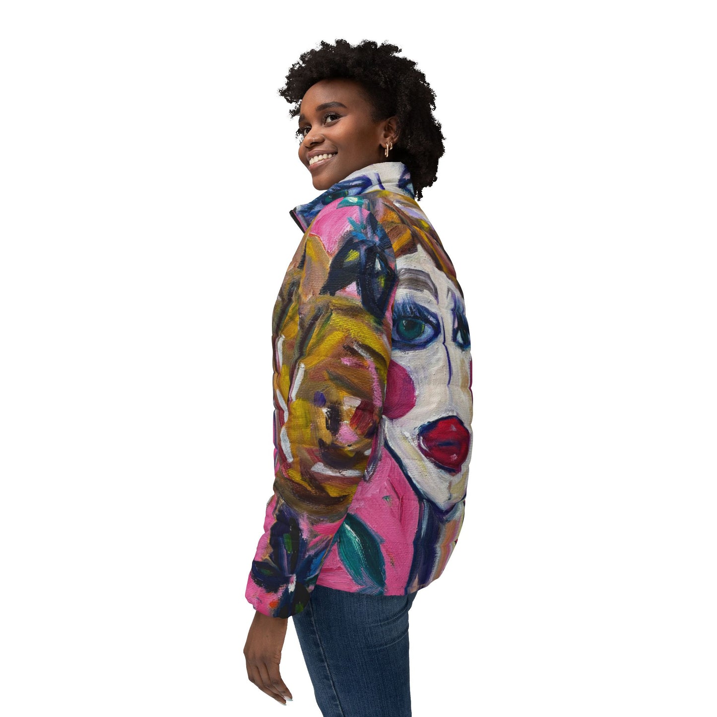 Women's Puffer Jacket - Roxy Rich Fine Art -Lady with Irises