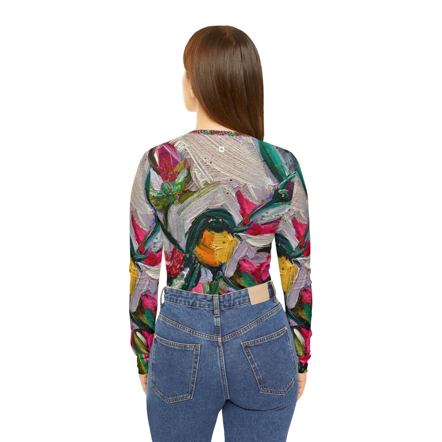 Women's Long Sleeve V-neck Shirt -Colorful Encounter-Goldfinch with Oleander Blooms