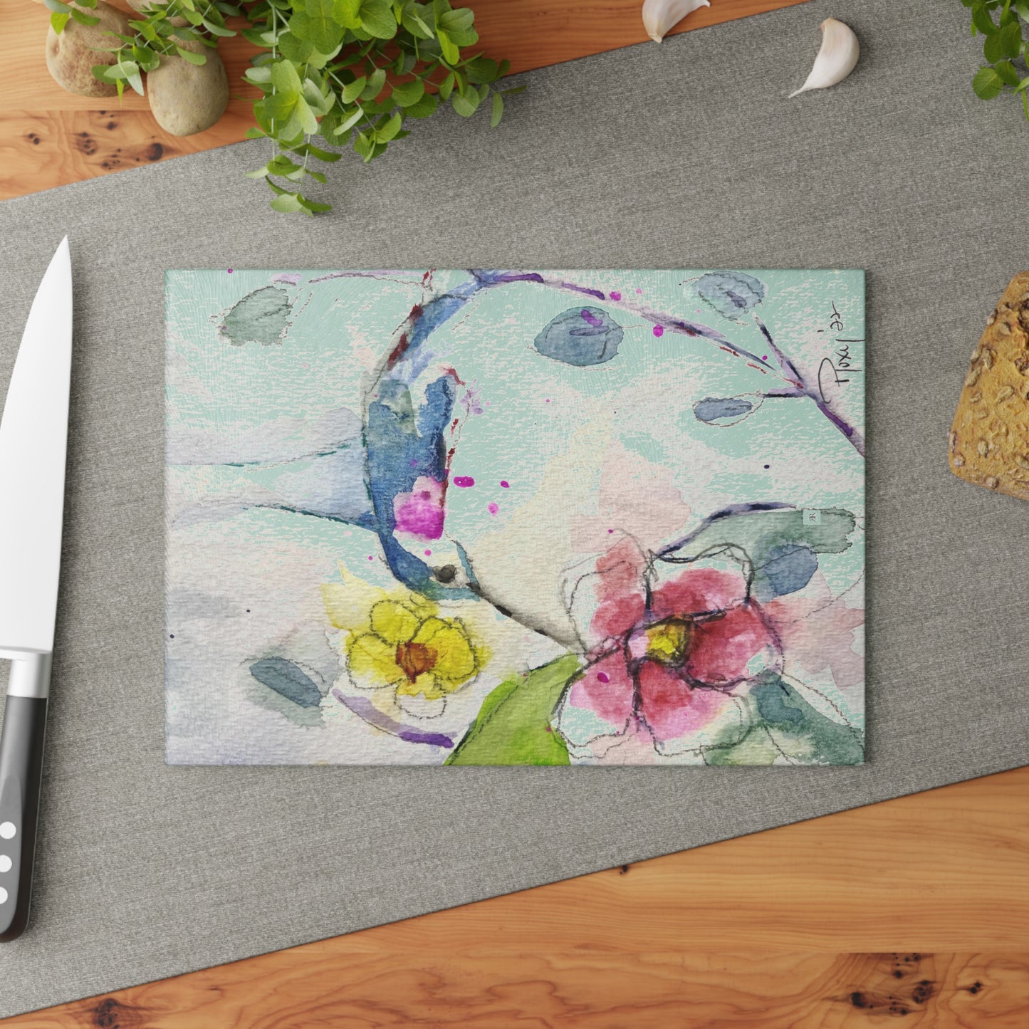 Planche à découper en verre flottante en forme de colibri