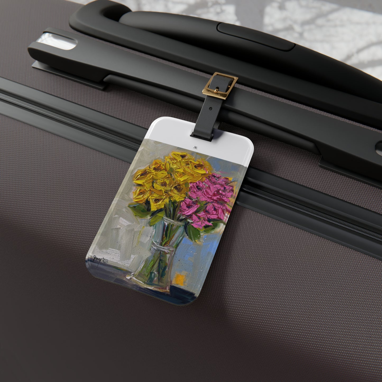 Étiquette à bagage Roses roses et jaunes