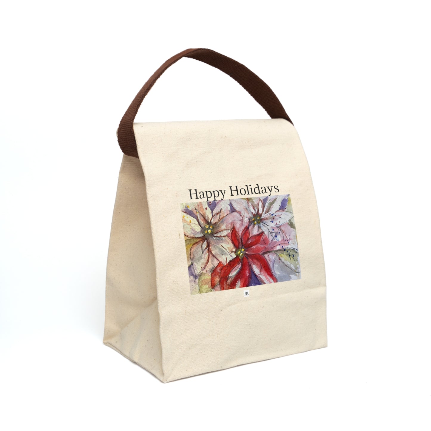 Happy Holidays Poinsettia Canvas Lunch Bag With Strap