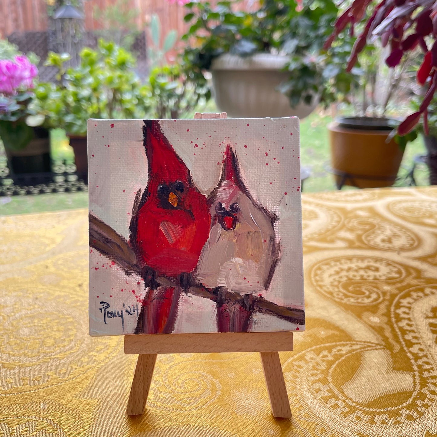 Cute Couple (Cardinals) Original Oil Painting 4x4 Framed