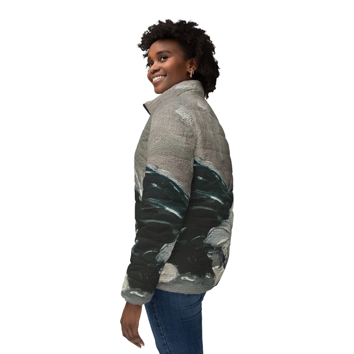 Women's Puffer Jacket - Roxy Rich Fine Art -Sleep Kitty Tuxedo Cat Sleeping