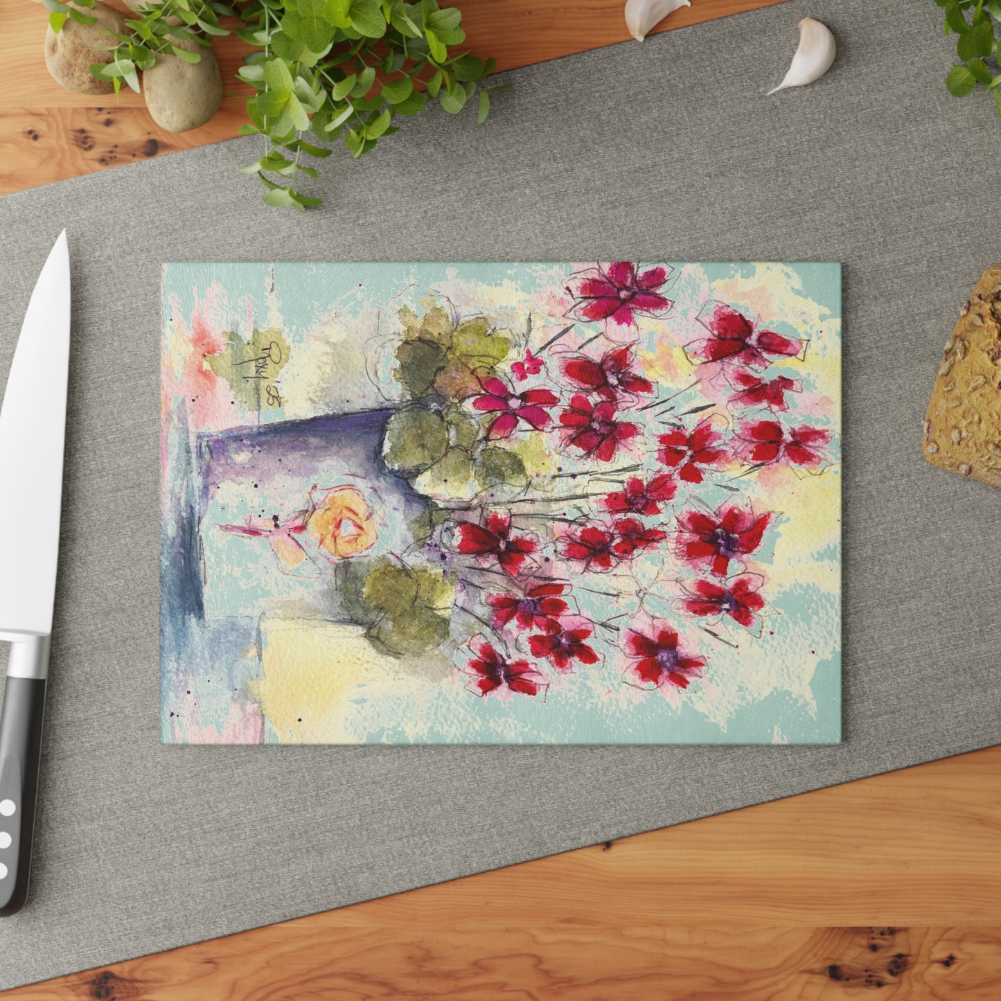 Red Ivy Geraniums in a Basket Glass Cutting Board