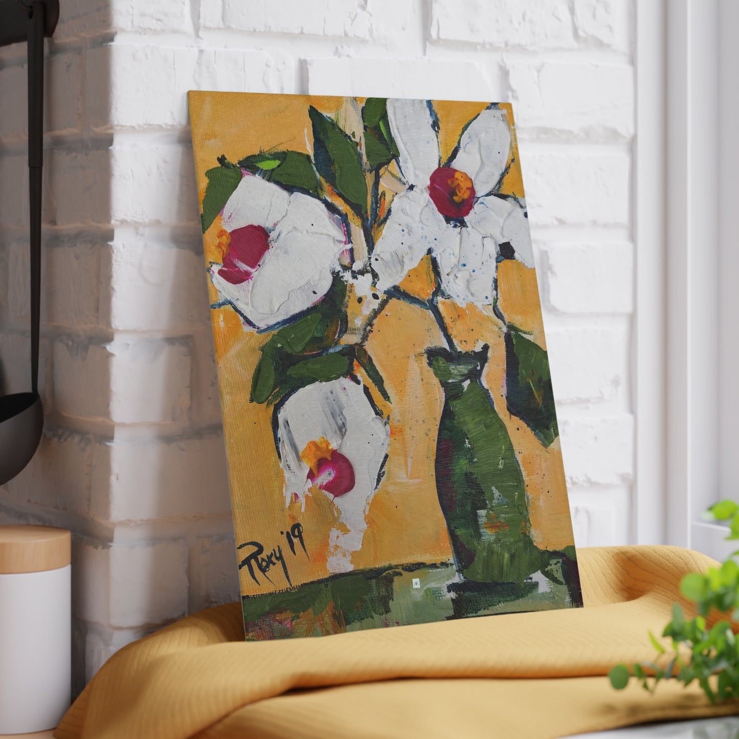 Tabla De Cortar De Vidrio Flores abstractas de Gardenia en un jarrón verde Arte moderno