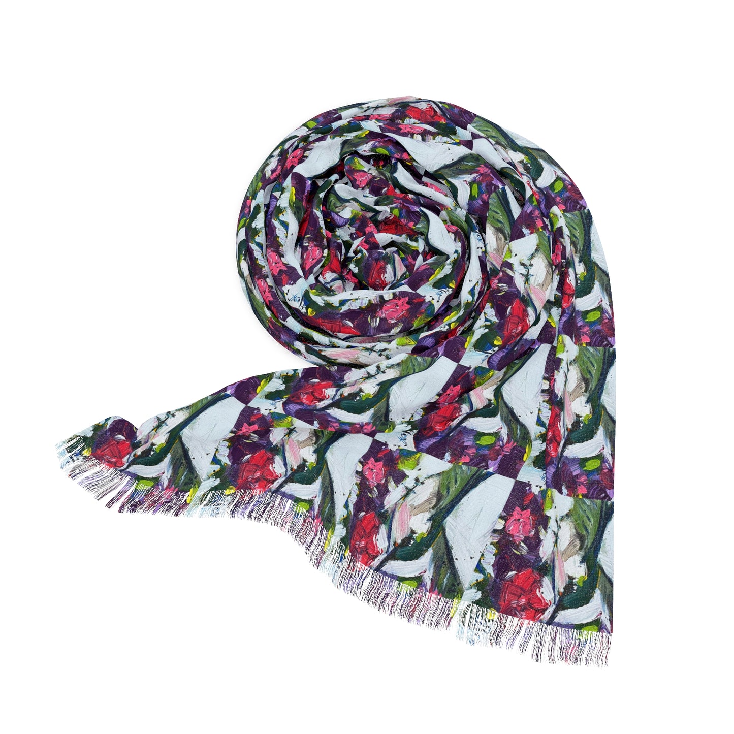 Colorful Scarf — Artistic Lightweight Neck Wrap- Floating on Flowers Hummingbird