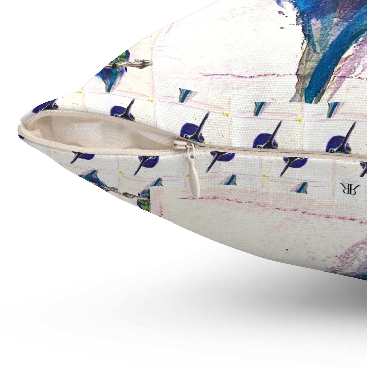 Adorable almohada cuadrada de poliéster hilado para interiores con colibrí de vientre pulido