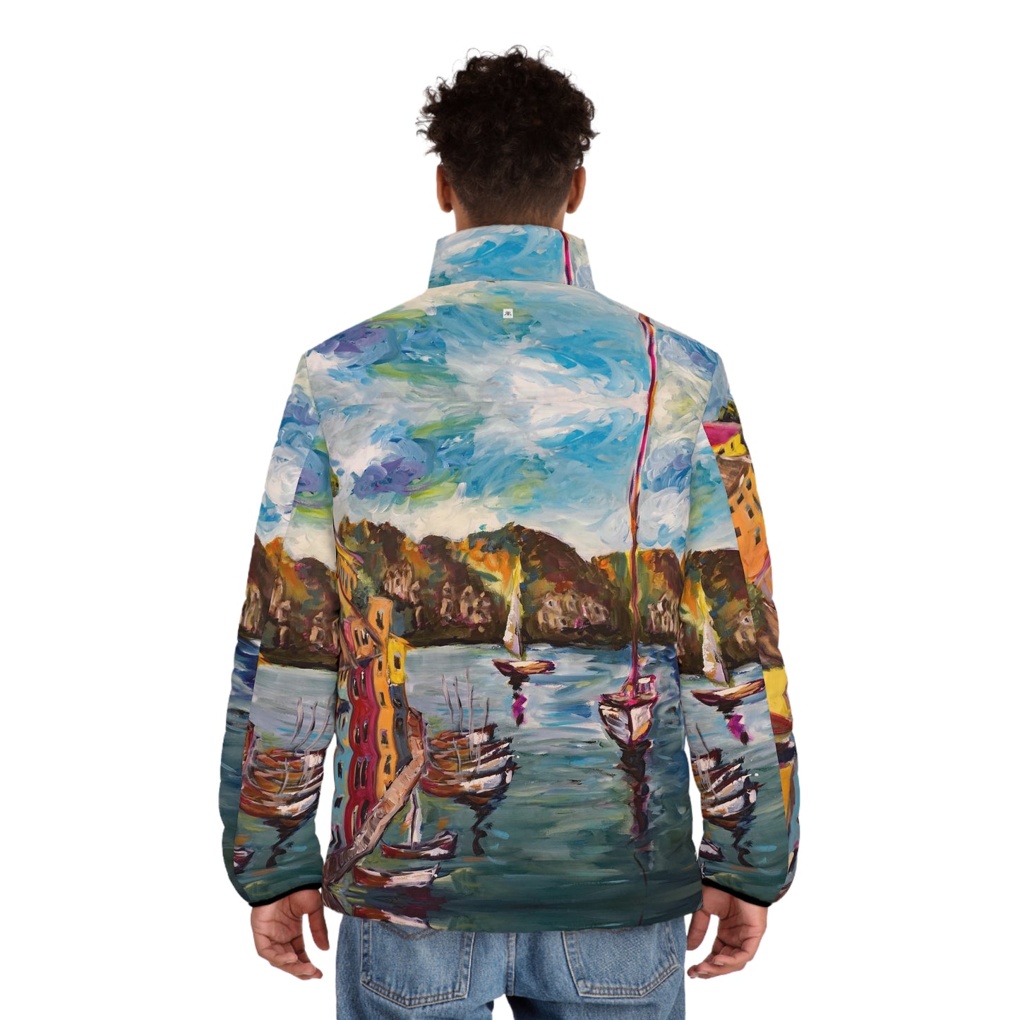 Men's Puffer Jacket - Roxy Rich Art, Unique Bright Colors-Portofino Harbor
