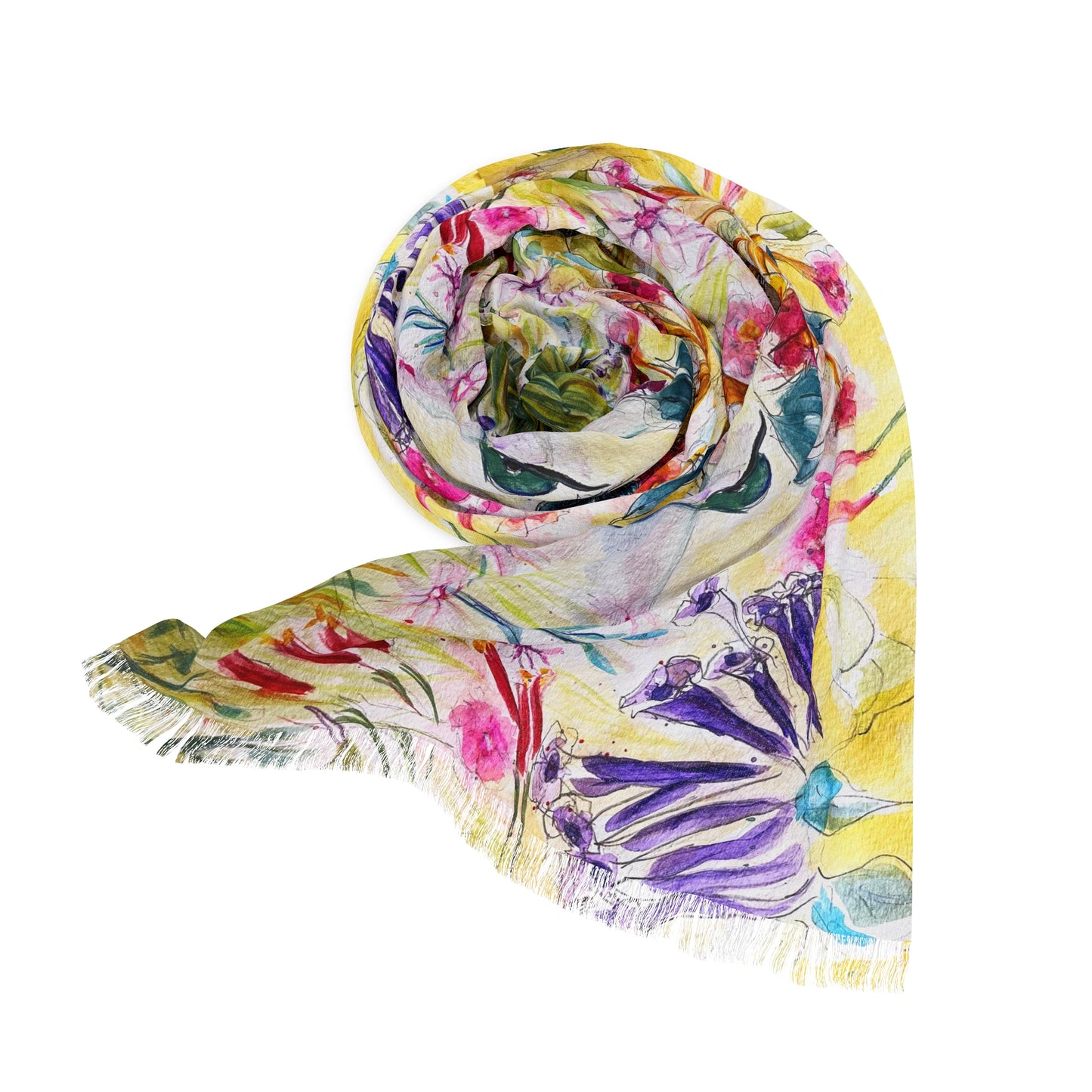 Colorful Scarf — Artistic Lightweight Neck Wrap- Hummingbird in a Tube Flower Garden