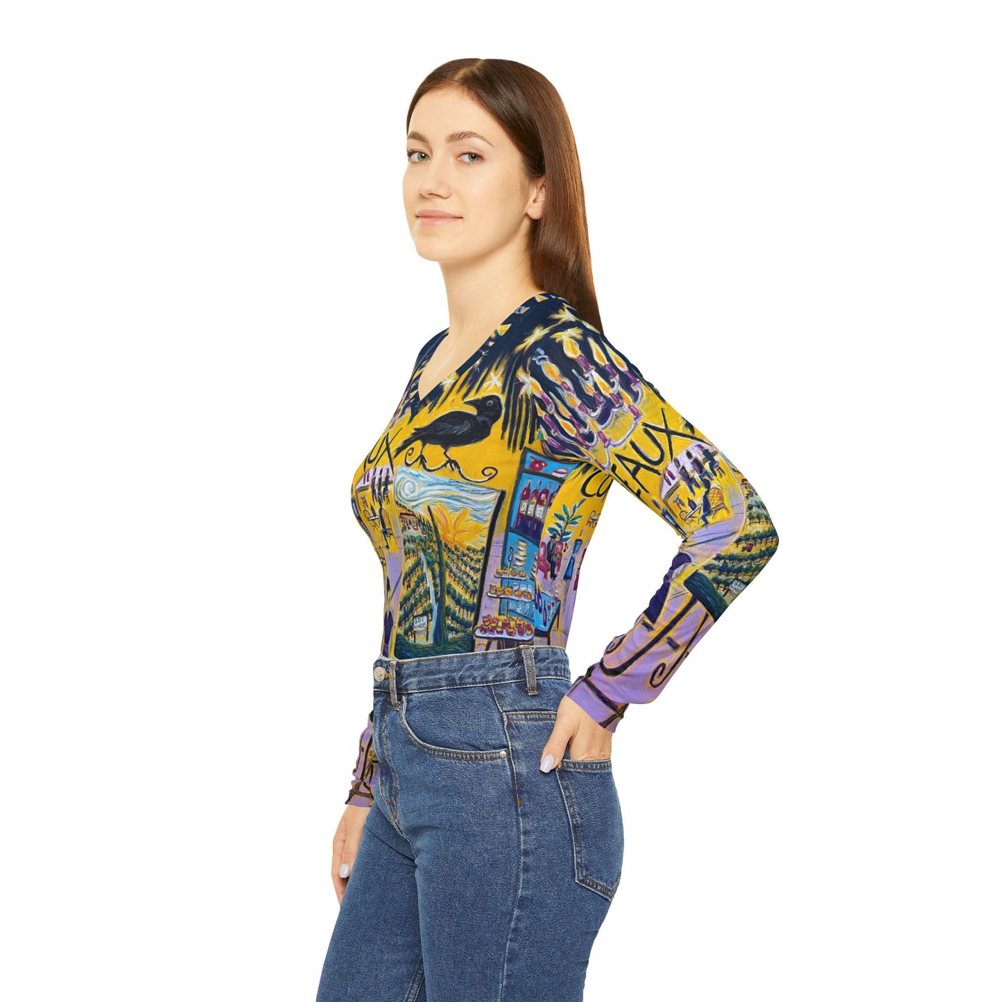 Women's Long Sleeve V-neck Shirt-Corbeaux-Wine and Art After Dark