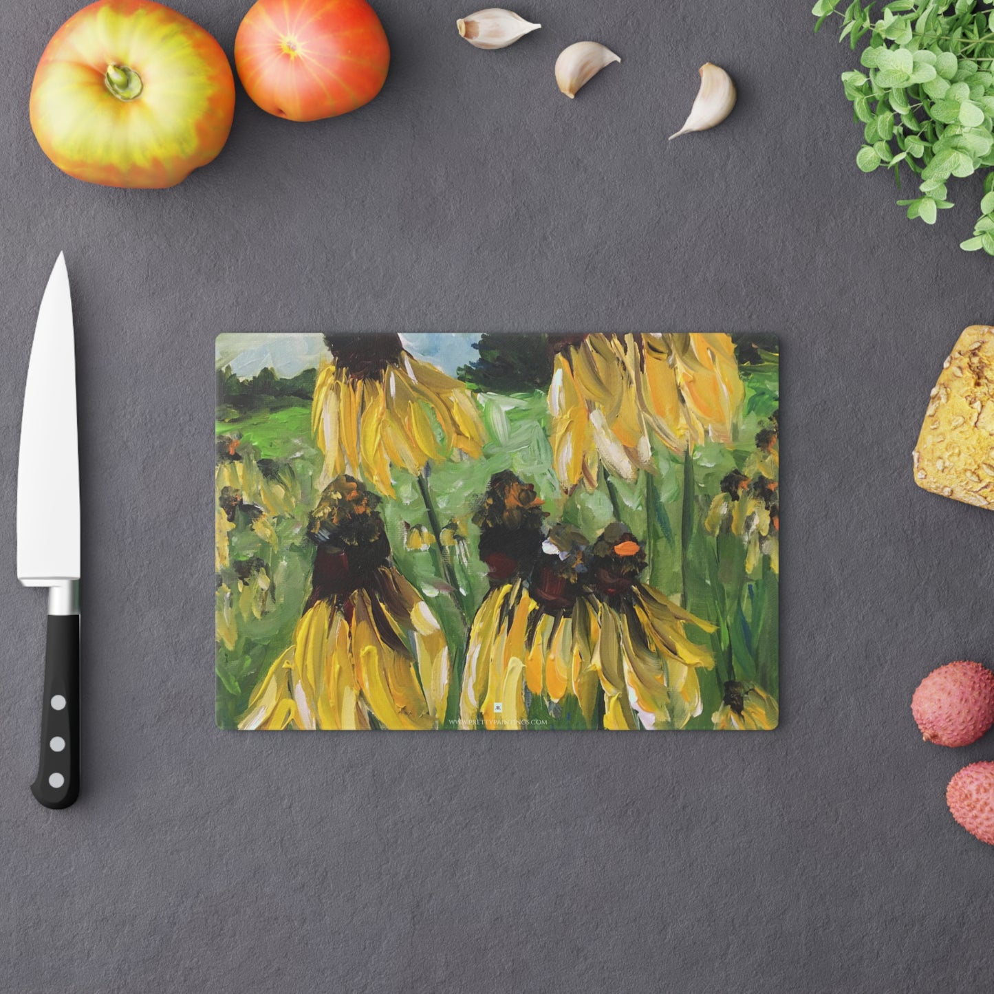 Planche à découper en verre à échinacées jaunes