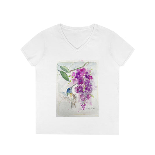 Floaty Hummingbird in Pink Wisteria Ladies' V-Neck T-Shirt