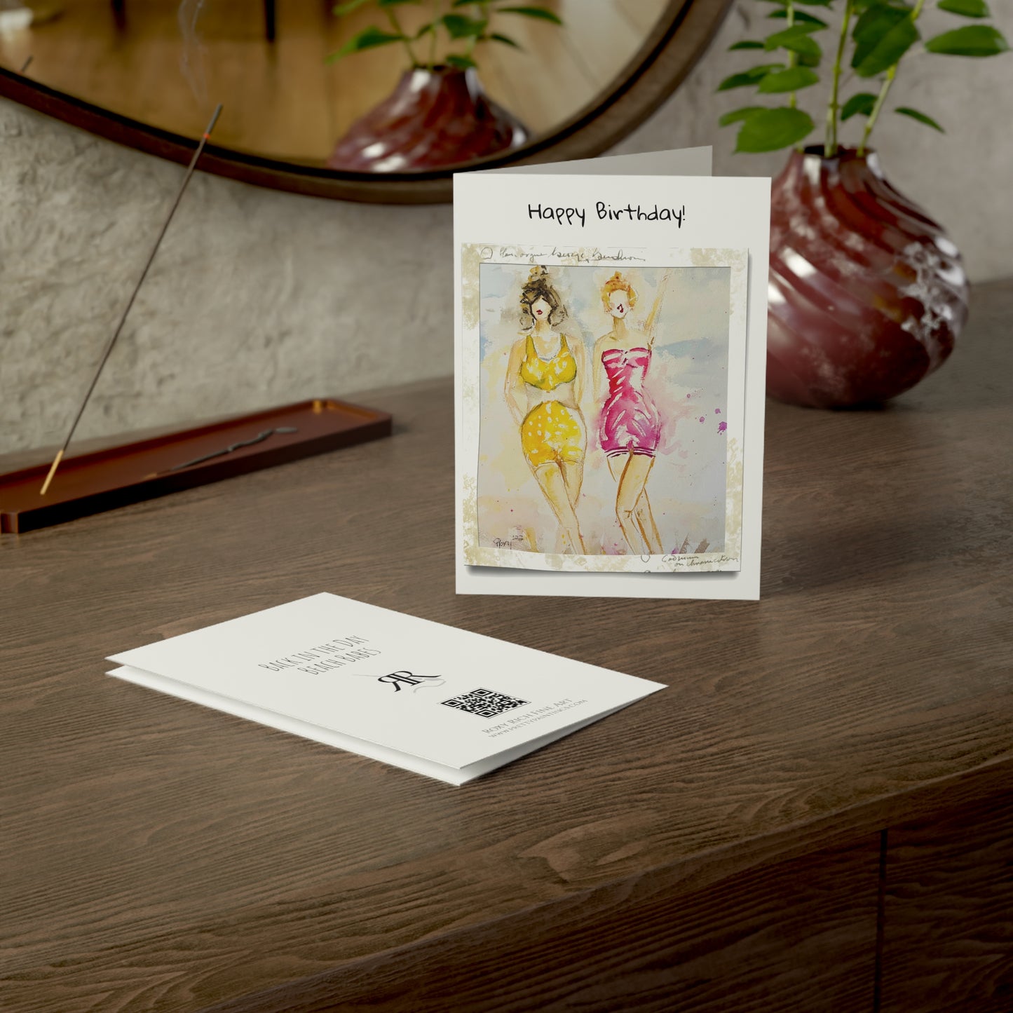 Back in the Day Beach Babes -Happy Birthday (Blank inside) Folded Greeting Cards