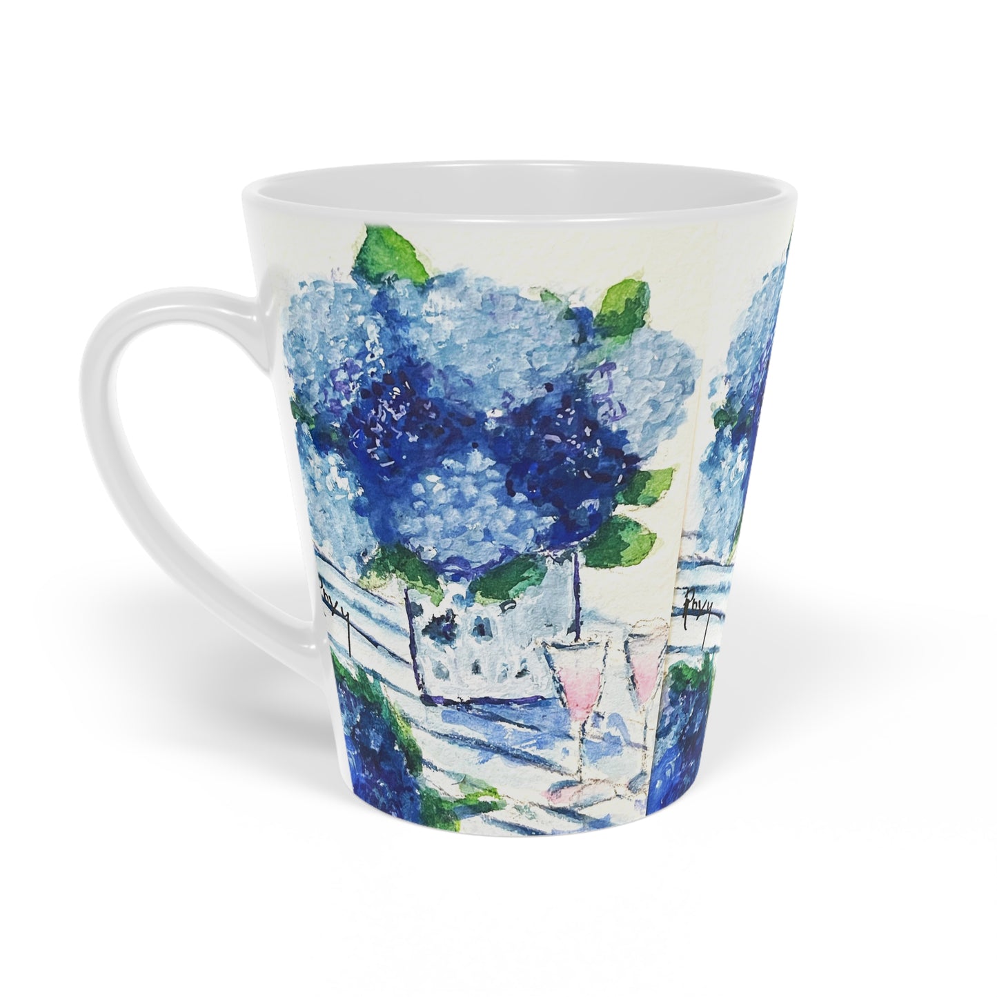 Taza de café con leche de hortensias azules, 12 oz