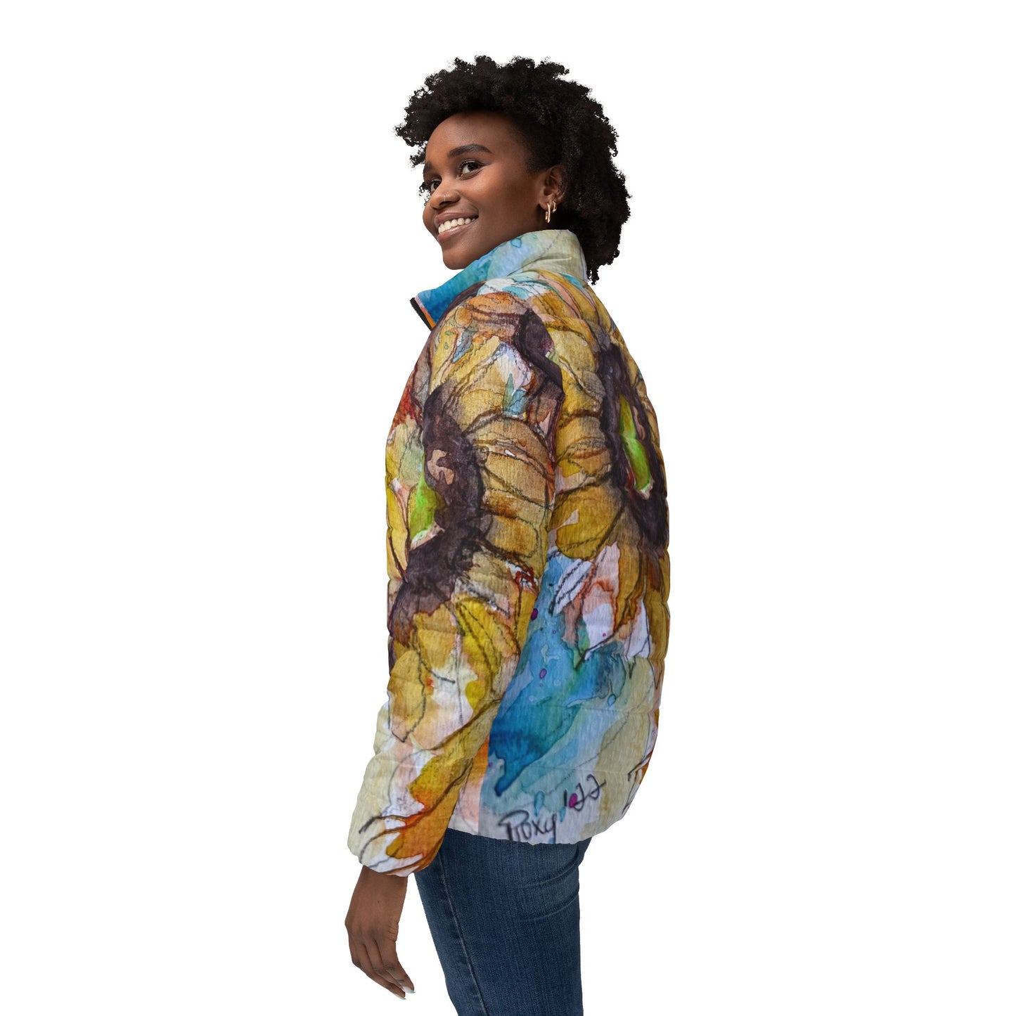 Women's Puffer Jacket - Roxy Rich Fine Art -Sunflowers