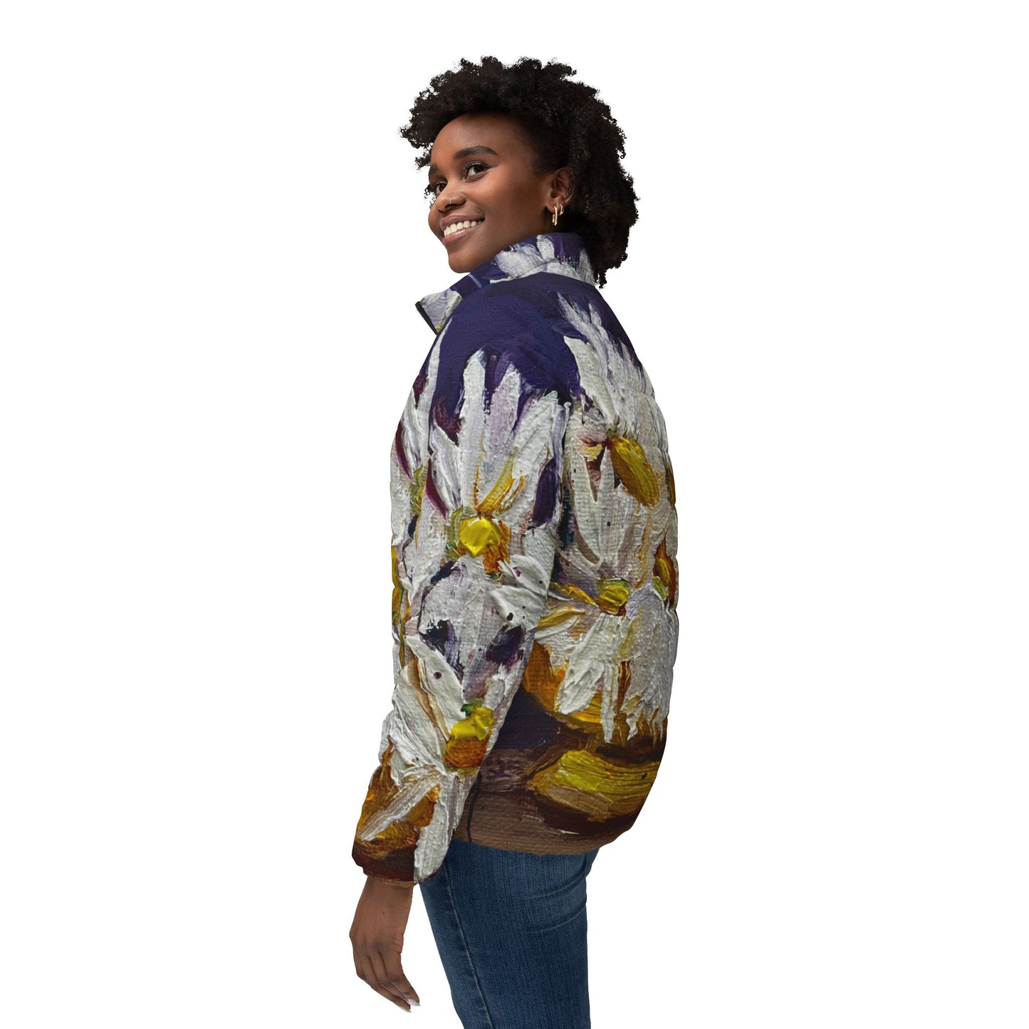 Women's Puffer Jacket - Roxy Rich Fine Art Design-Vase of Daisies