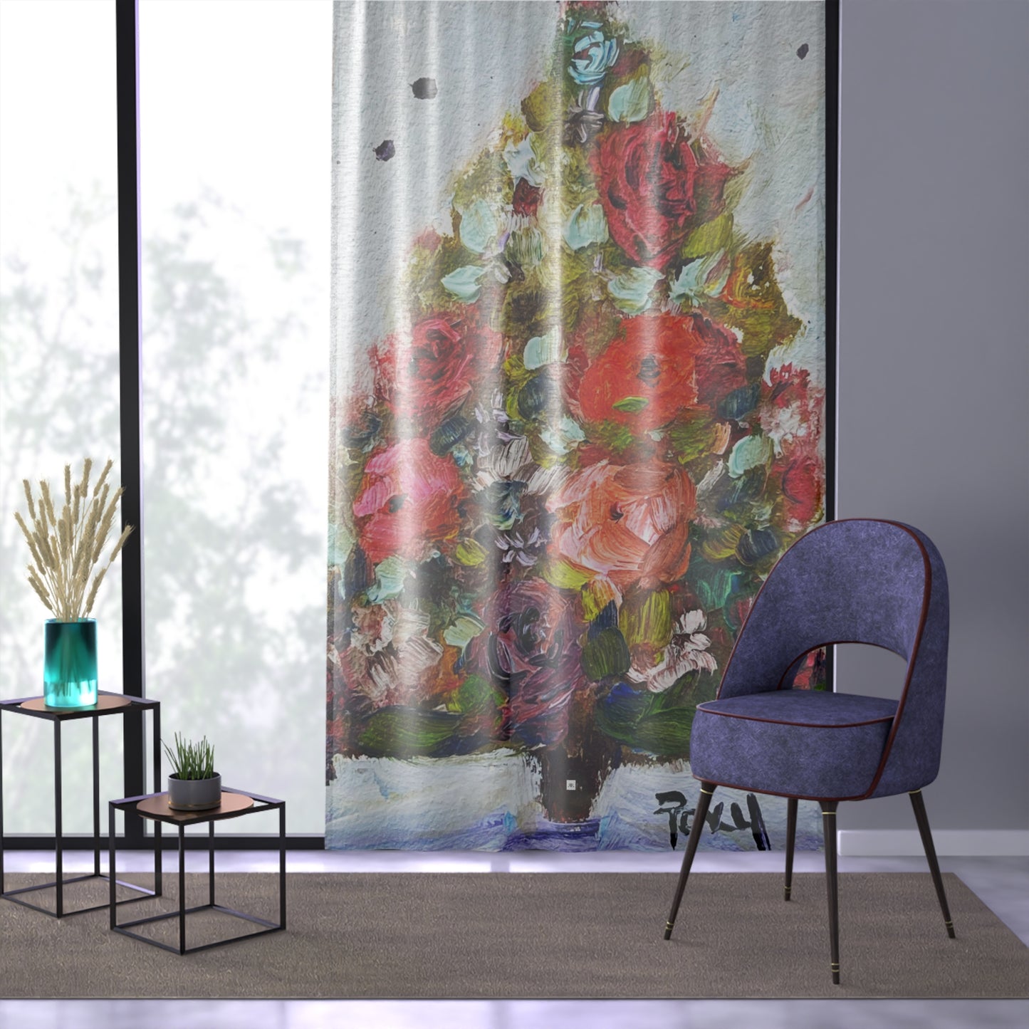 Cortina transparente para ventana con diseño de árbol de Navidad de rosas, 84 x 50 pulgadas