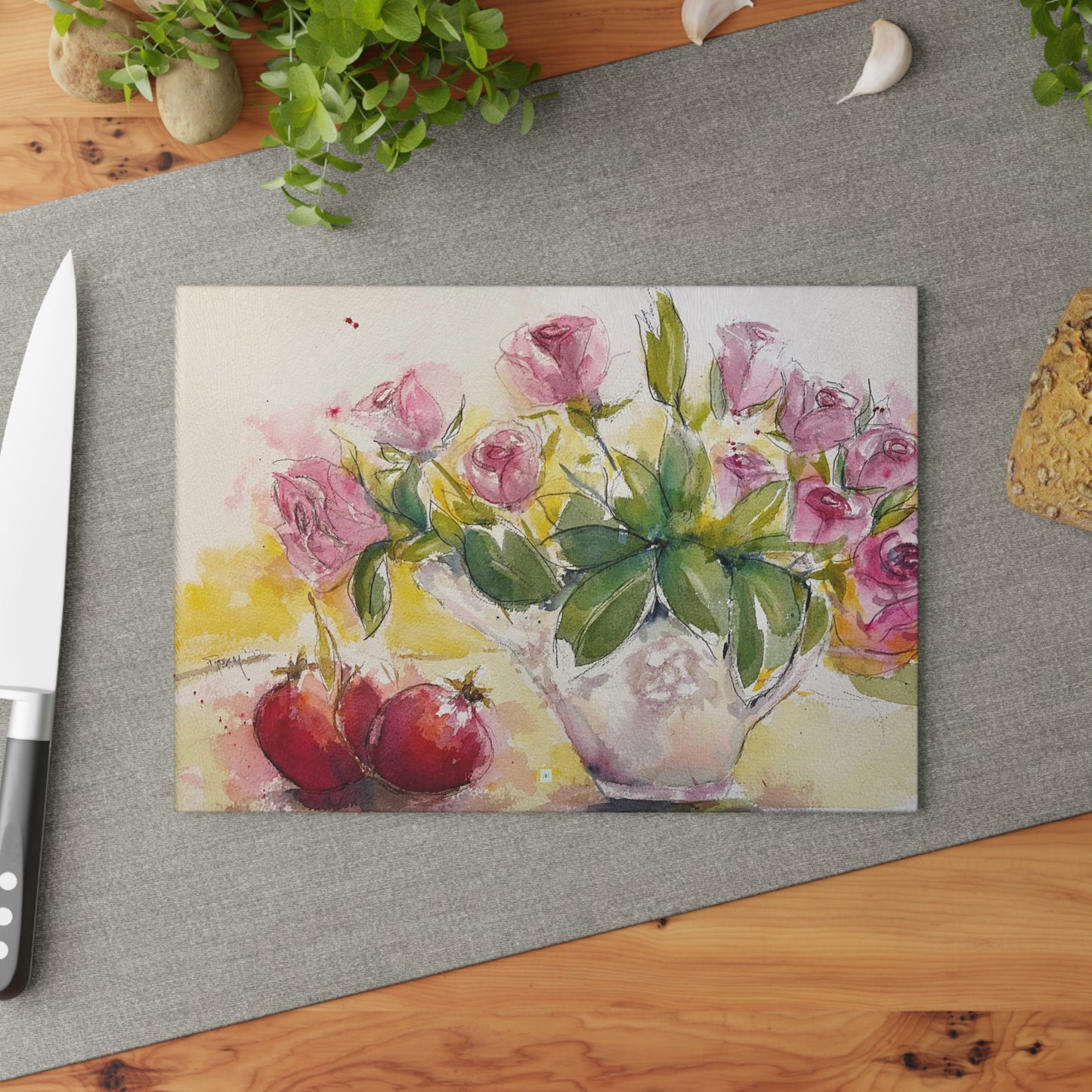 Tabla de cortar de vidrio con rosas y granadas