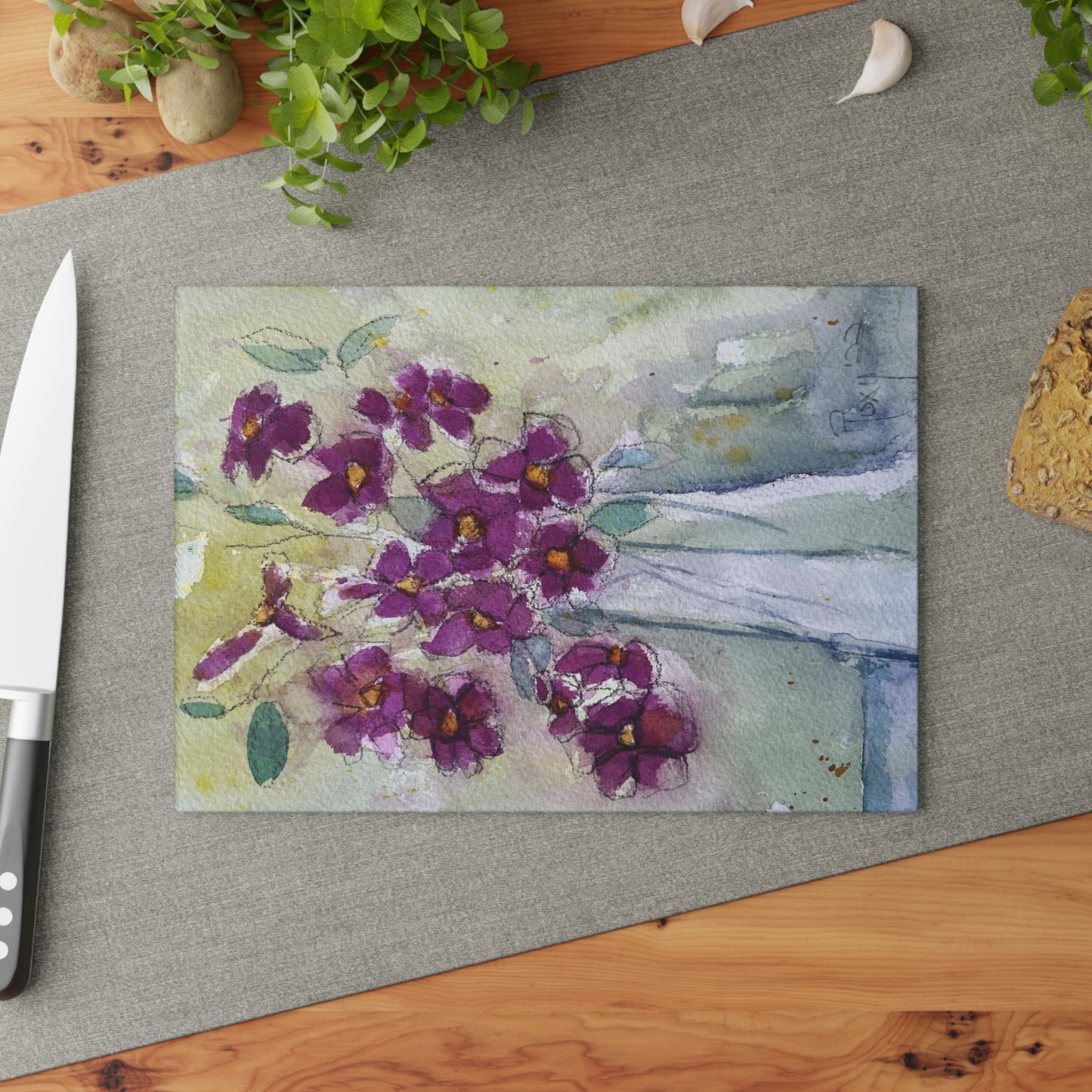 Planche à découper en verre fleurs sauvages roses