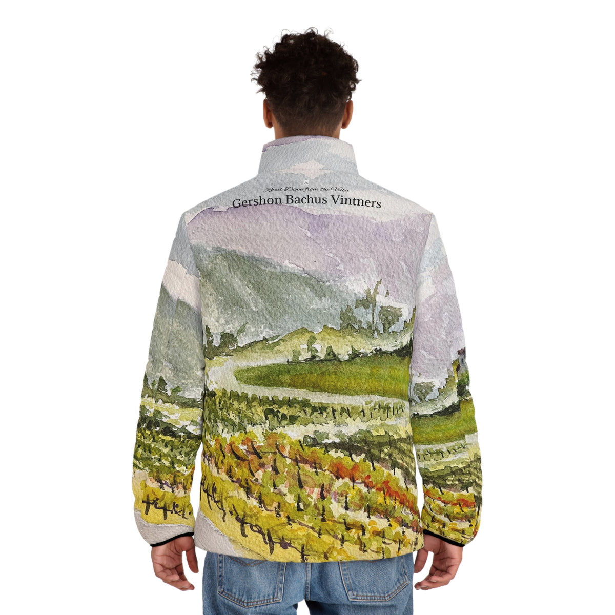 Men's Puffer Jacket - Roxy Rich Art-Road Down from the Villa-Gershon Bachus Vintners