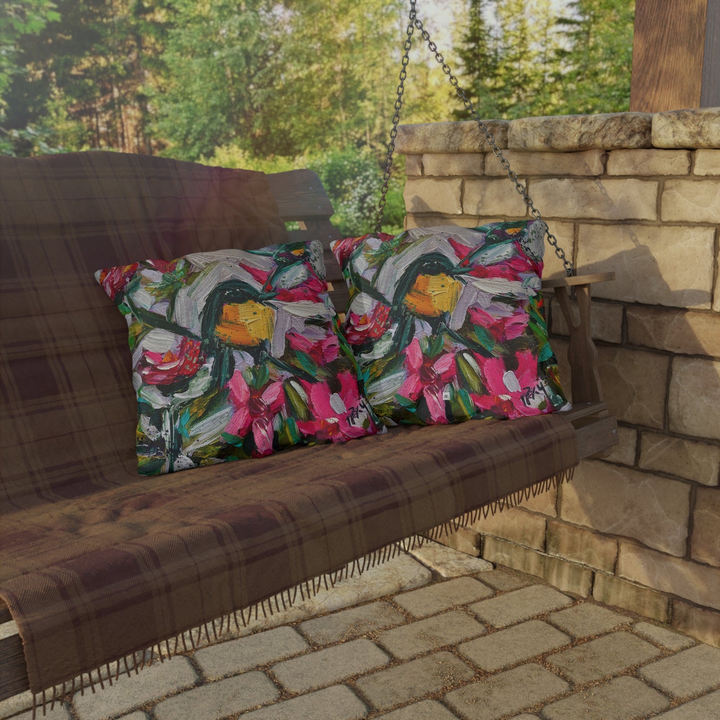 Outdoor Pillows-Colorful Encounter Goldfinch and Hummingbird