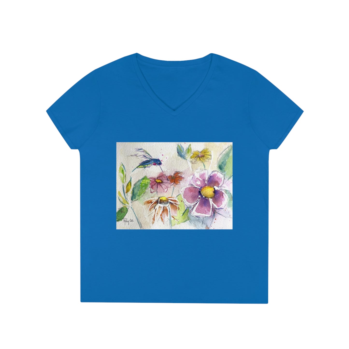 Hummingbird in the Flower Garden Ladies' V-Neck T-Shirt