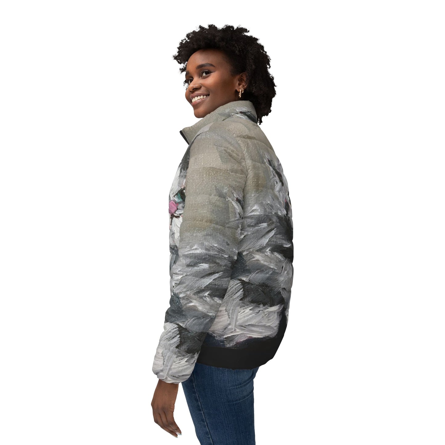 Women's Puffer Jacket - Roxy Rich Fine Art -Babe Fluffy Persian Cat