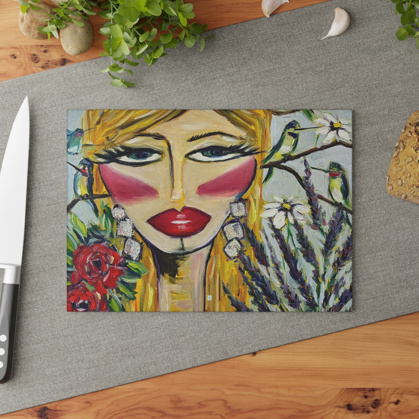 Planche à découper en verre dame colibri